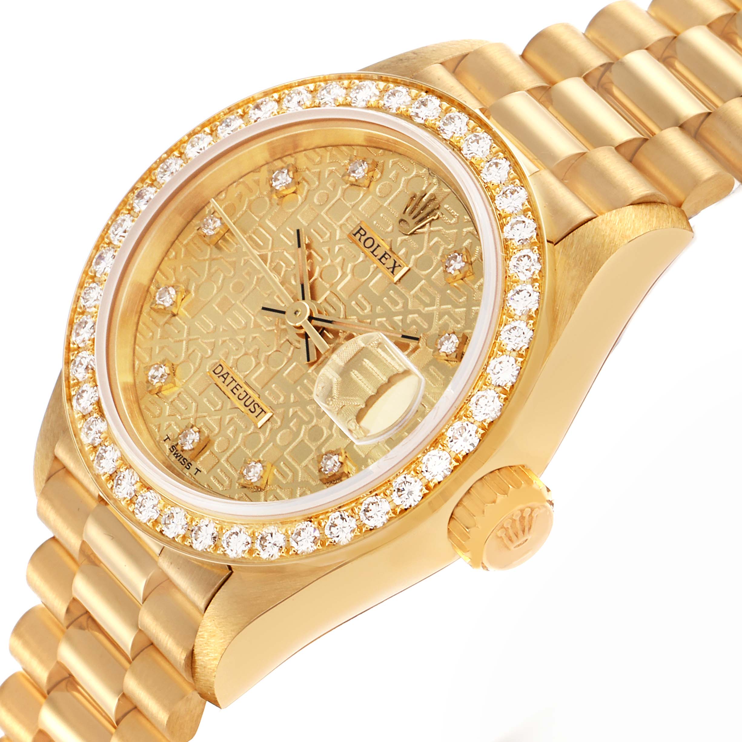 The Rolex President 69138 Women's Yellow Gold Champagne Dial 69138 Women's Yellow Gold Champagne Dial watch is shown at a slight angle, highlighting its diamond bezel, patterned dial, and linked bracelet.