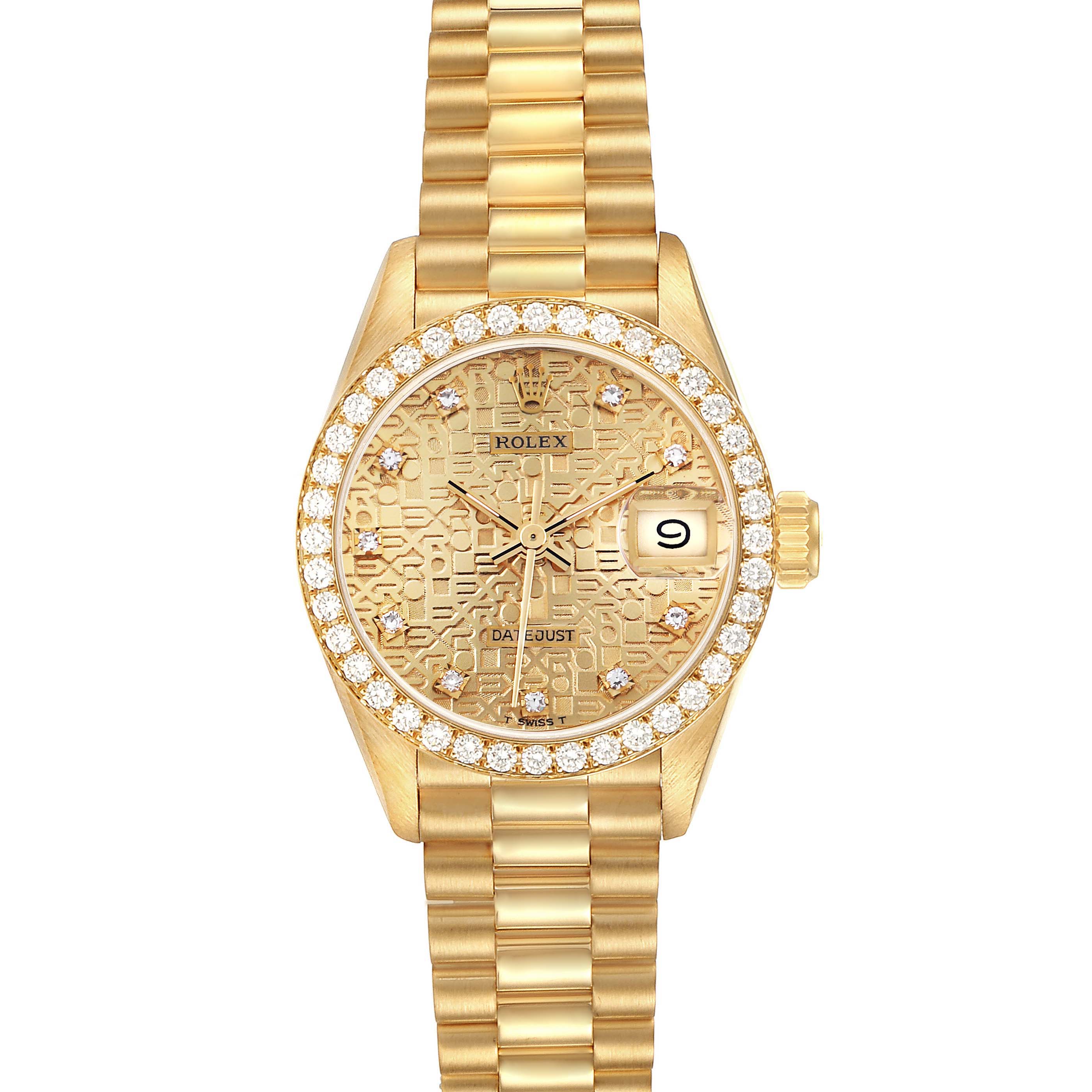 The Rolex President 69138 Women's Yellow Gold Champagne Dial 69138 Women's Yellow Gold Champagne Dial model is shown from the front, displaying its diamond bezel, patterned dial, and gold bracelet.