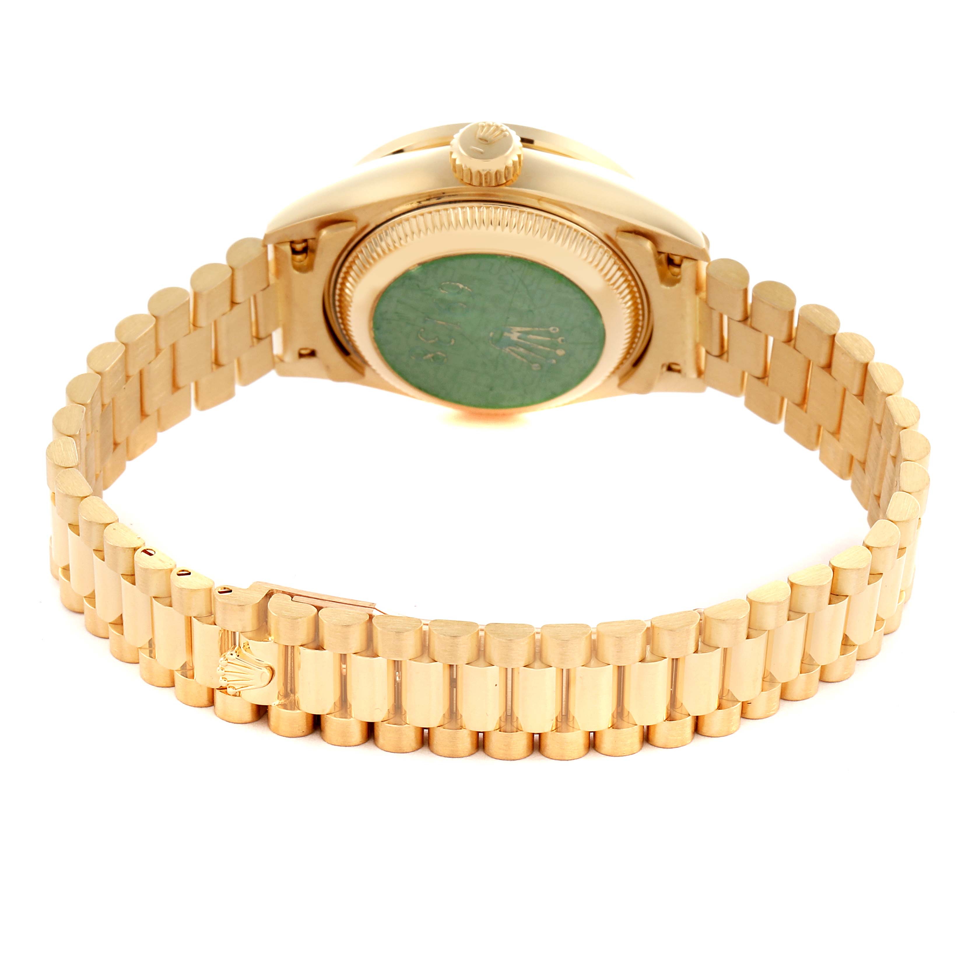 The image shows the back view of a Rolex President 69138 Women's Yellow Gold Champagne Dial 69138 Women's Yellow Gold Champagne Dial model watch, highlighting the case back and the bracelet.