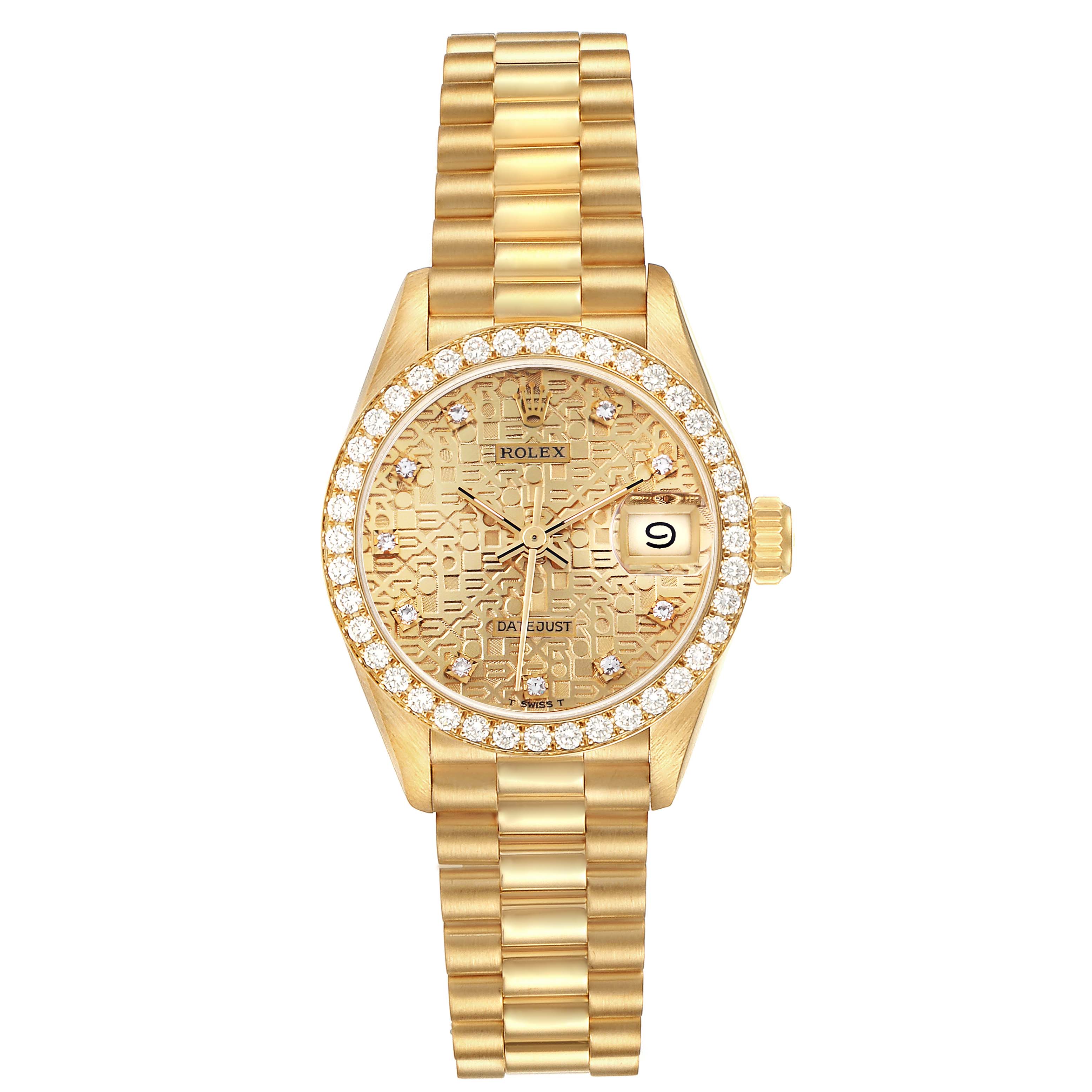 The Rolex President 69138 Women's Yellow Gold Champagne Dial 69138 Women's Yellow Gold Champagne Dial watch is shown from a top-down angle, displaying the dial, bezel, and bracelet.