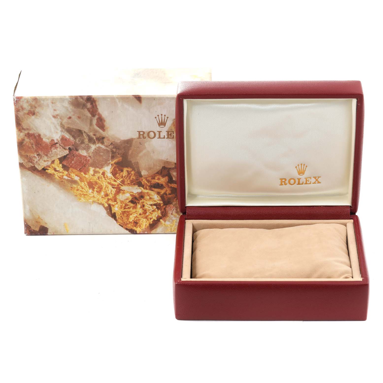 The image shows an open Rolex President 69178 Women
s Yellow Gold Champagne Dial 69178 Women
s Yellow Gold Champagne Dial model watch box with its exterior packaging displayed in the background.