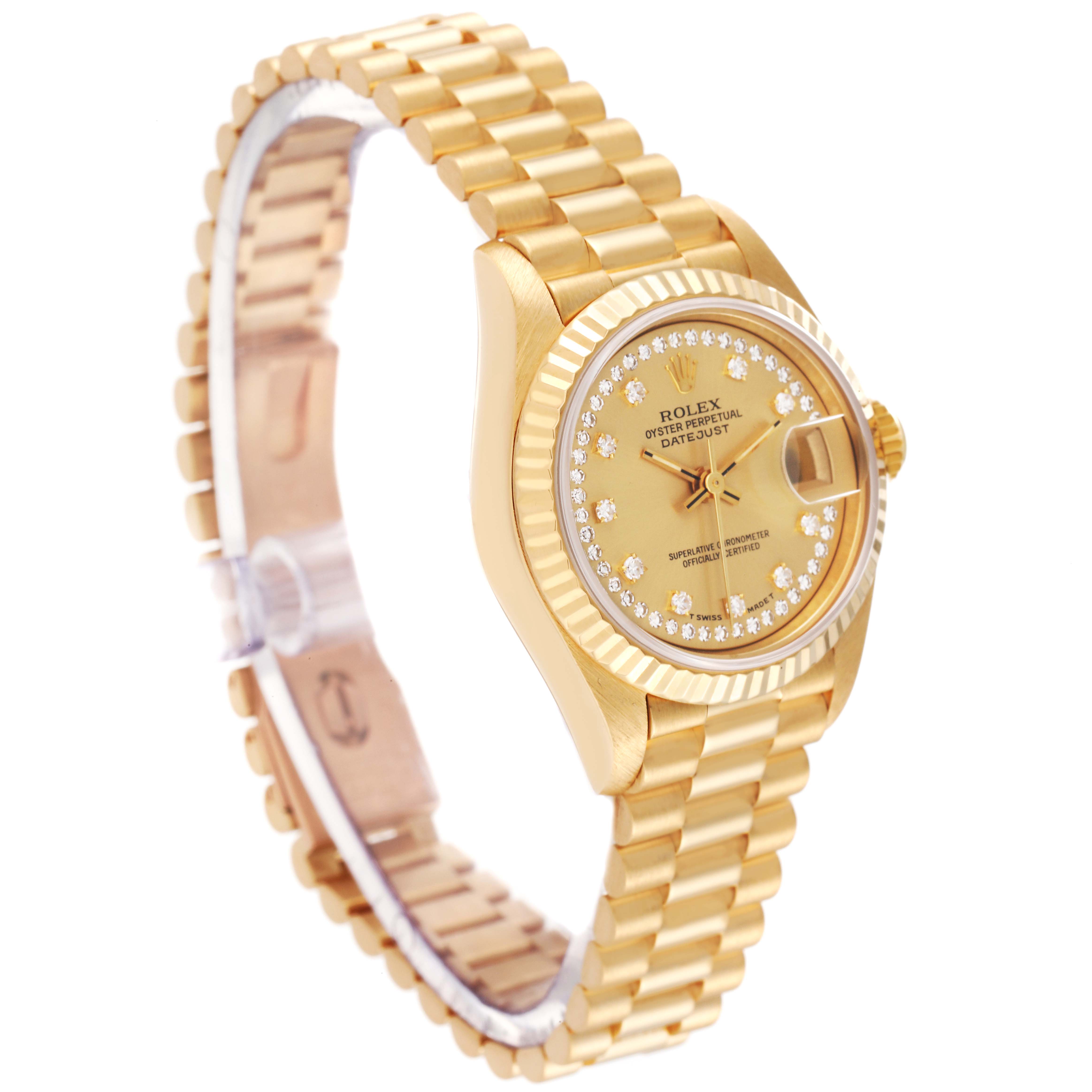The image shows a side angle of a gold Rolex President 69178 Women
s Yellow Gold Champagne Dial 69178 Women
s Yellow Gold Champagne Dial model watch, highlighting the bracelet, case, dial, and date magnifier.