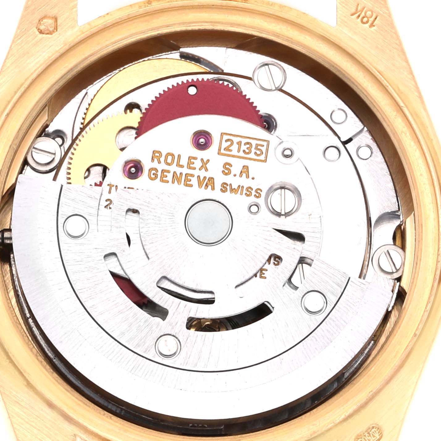 The image shows the internal mechanism of a Rolex President 69178 Women
s Yellow Gold Champagne Dial 69178 Women
s Yellow Gold Champagne Dial model watch viewed from the back.