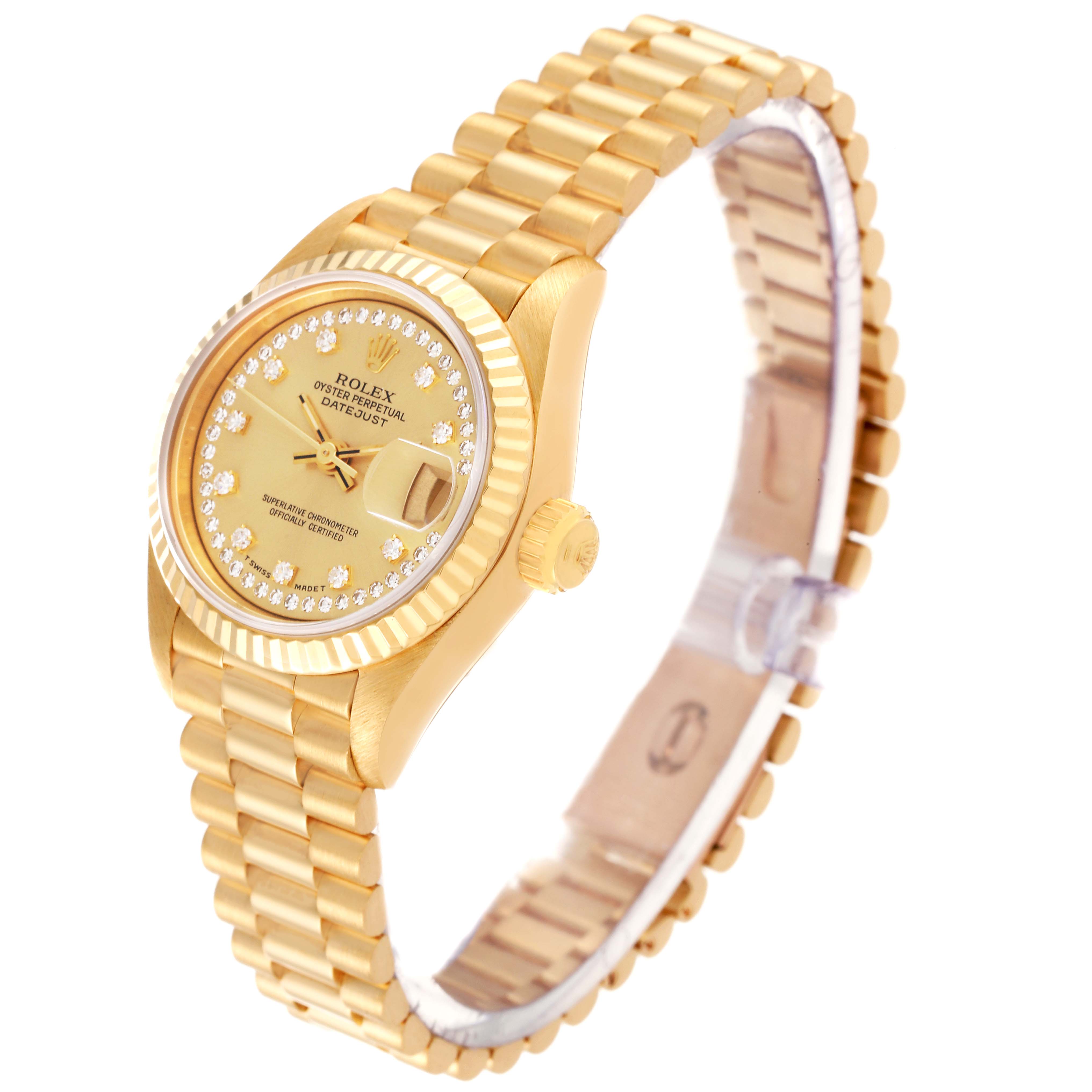 The image shows the Rolex President 69178 Women
s Yellow Gold Champagne Dial 69178 Women
s Yellow Gold Champagne Dial model watch at an angled side view, displaying its face, bracelet, and crown.