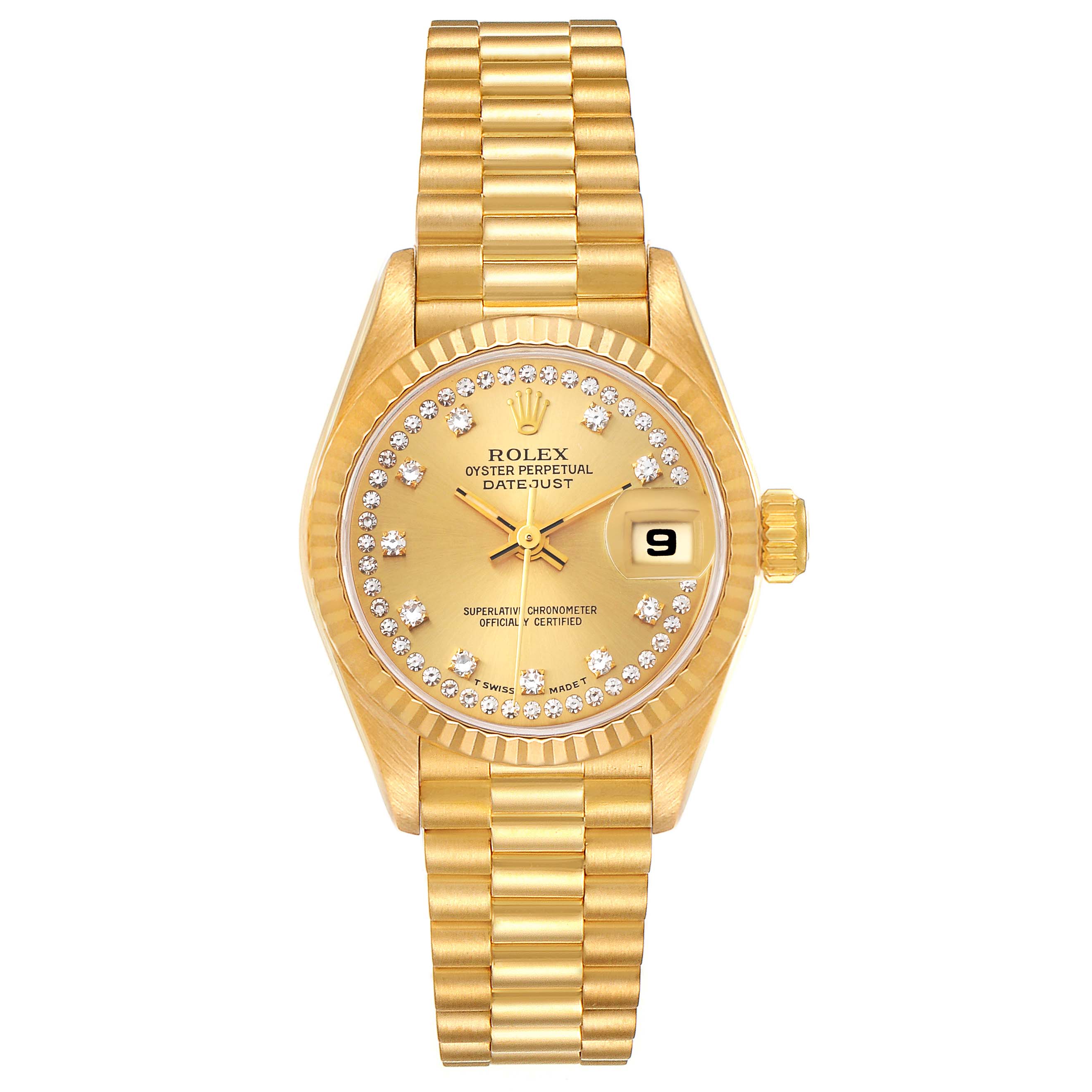 The image shows a Rolex President 69178 Women
s Yellow Gold Champagne Dial 69178 Women
s Yellow Gold Champagne Dial model watch from a front view, showcasing its bracelet, bezel, dial, and date window.