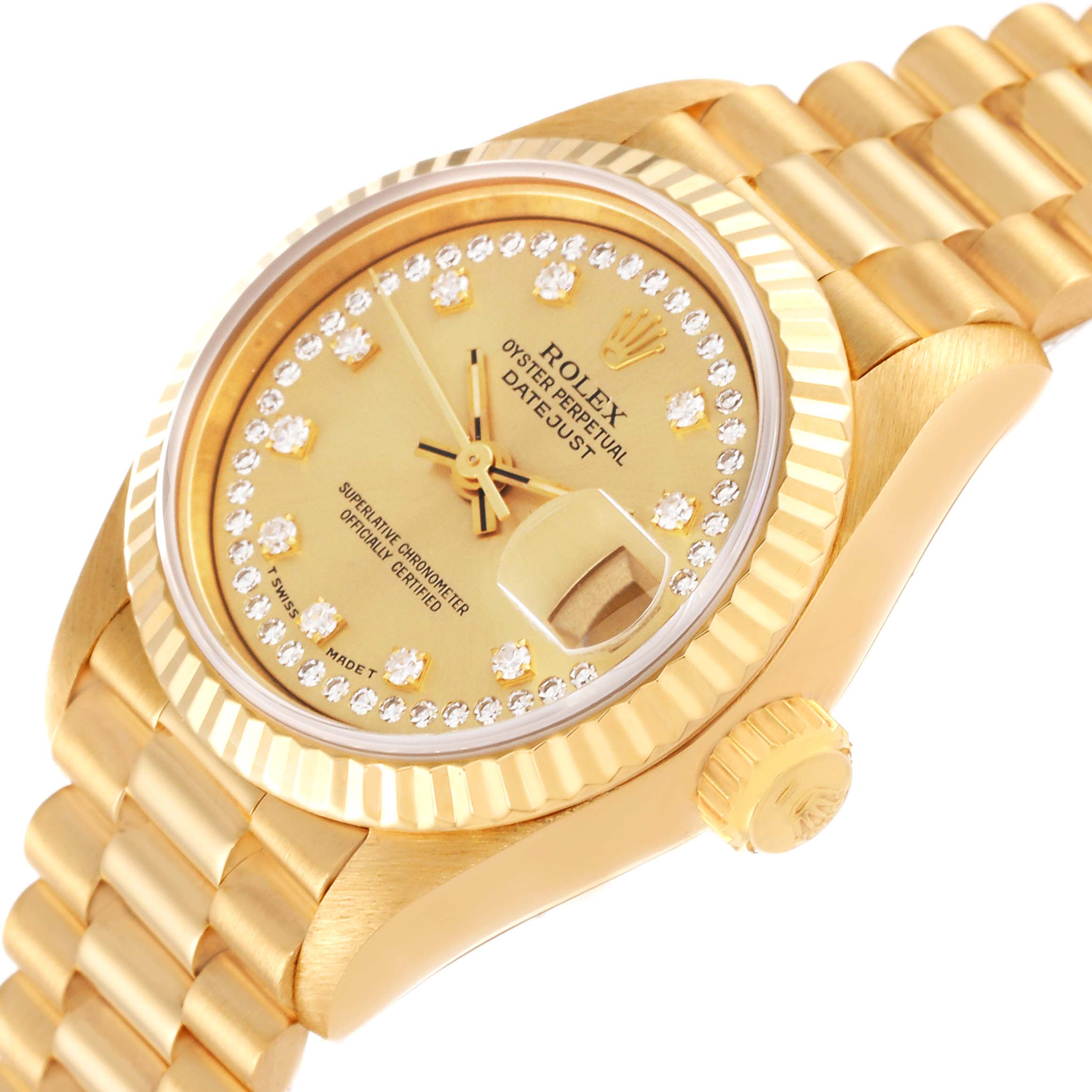 The image shows a Rolex President 69178 Women
s Yellow Gold Champagne Dial 69178 Women
s Yellow Gold Champagne Dial model watch at an angle highlighting the gold bracelet, dial, bezel, and crown.