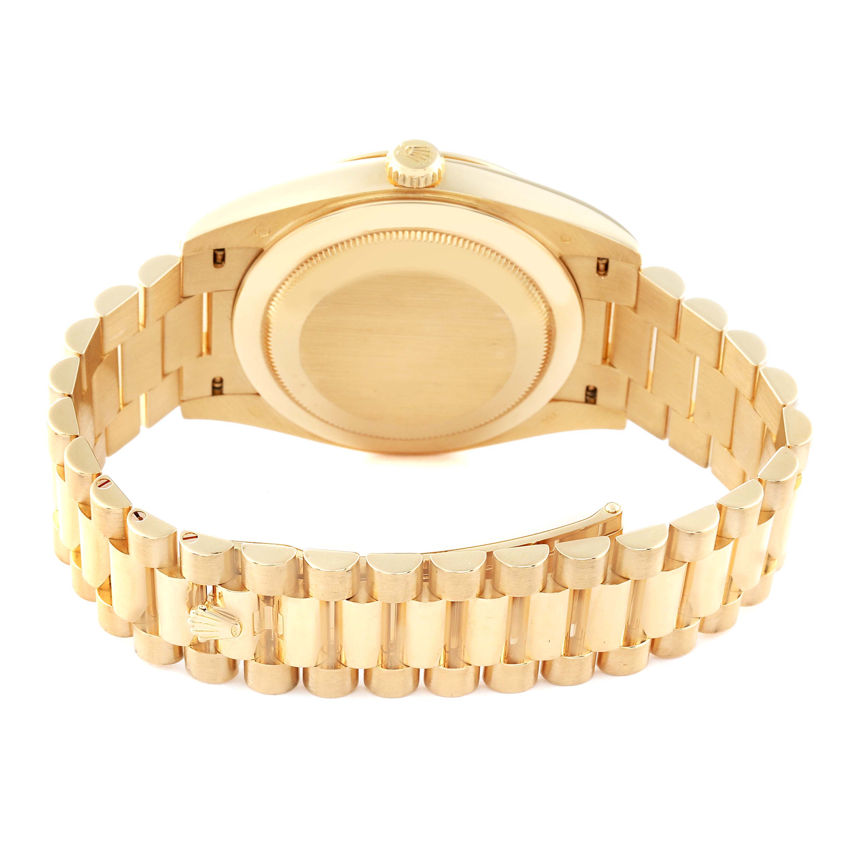 The image shows the back and bracelet of a Rolex President 228238 Men's Yellow Gold Black Dial 228238 Men's Yellow Gold Black Dial model watch, highlighting its gold finish and clasp.