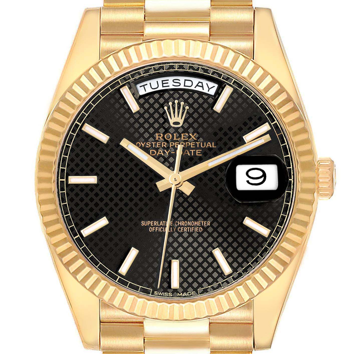 This image shows the Rolex President 228238 Men's Yellow Gold Black Dial 228238 Men's Yellow Gold Black Dial model watch head-on, highlighting the dial, day-date display, and part of the bracelet.