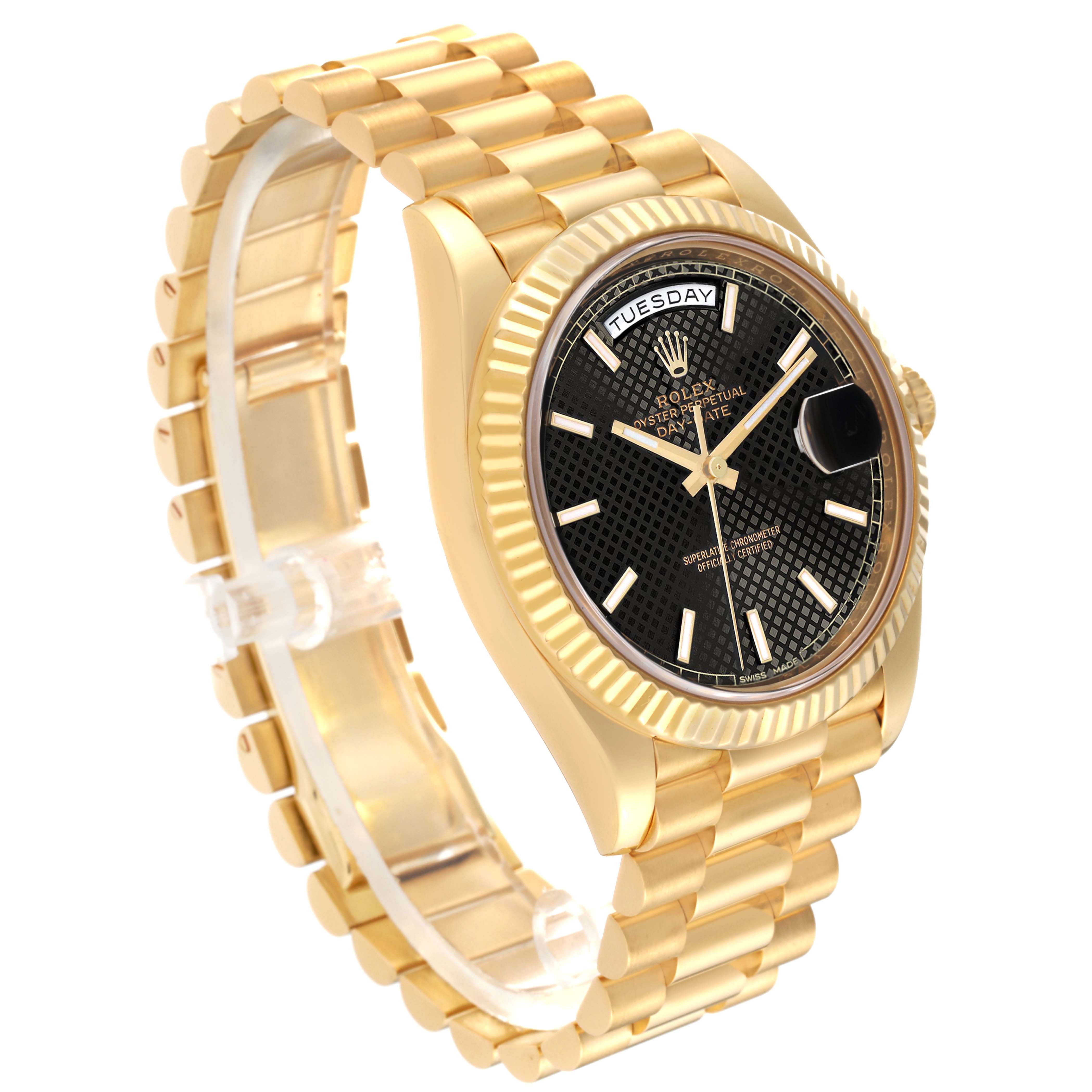 The image shows a gold Rolex President 228238 Men's Yellow Gold Black Dial 228238 Men's Yellow Gold Black Dial model watch from an oblique angle, highlighting the bracelet, bezel, and black dial.