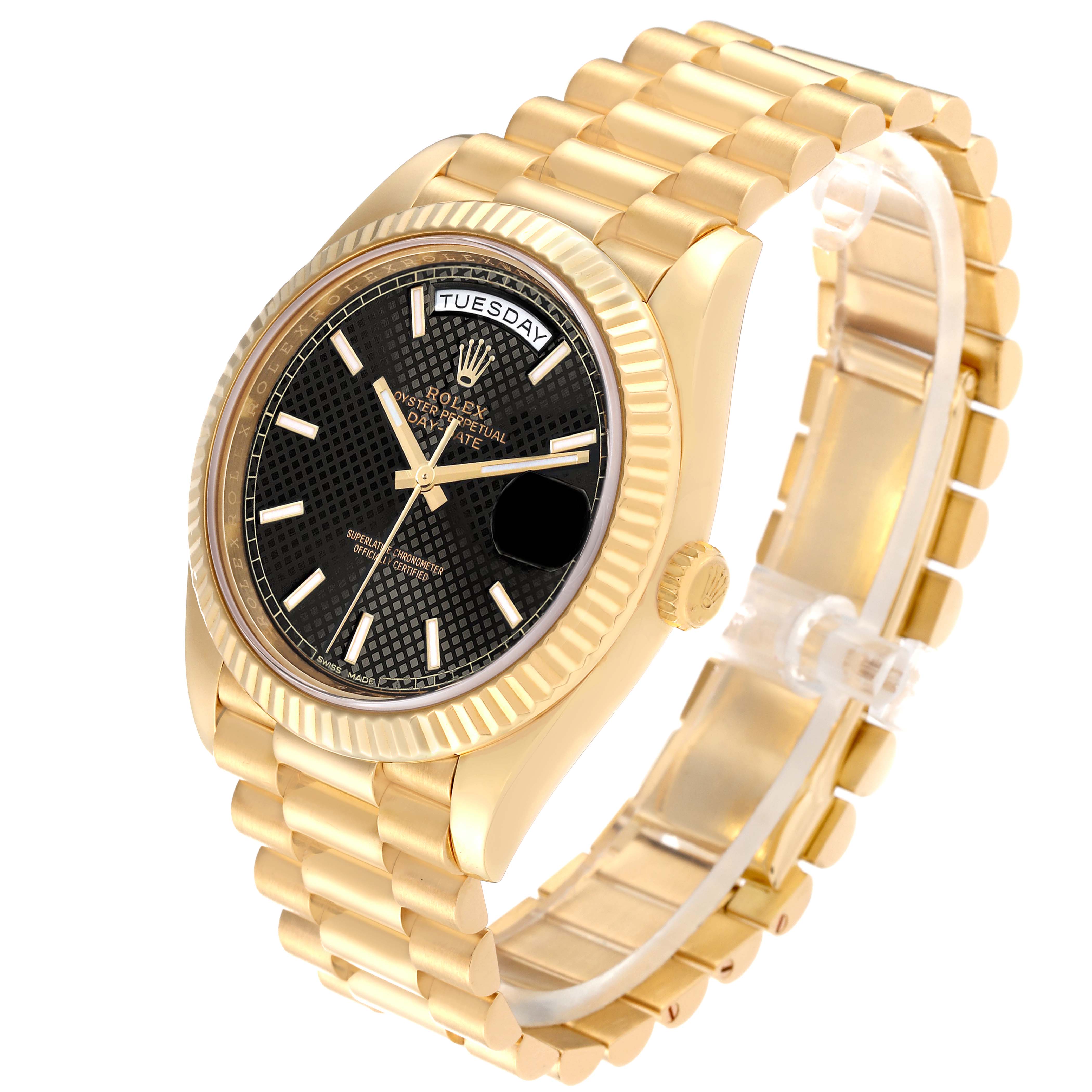 The Rolex President 228238 Men's Yellow Gold Black Dial 228238 Men's Yellow Gold Black Dial model watch is shown at an angled view, highlighting its gold bracelet and black dial with day and date features.