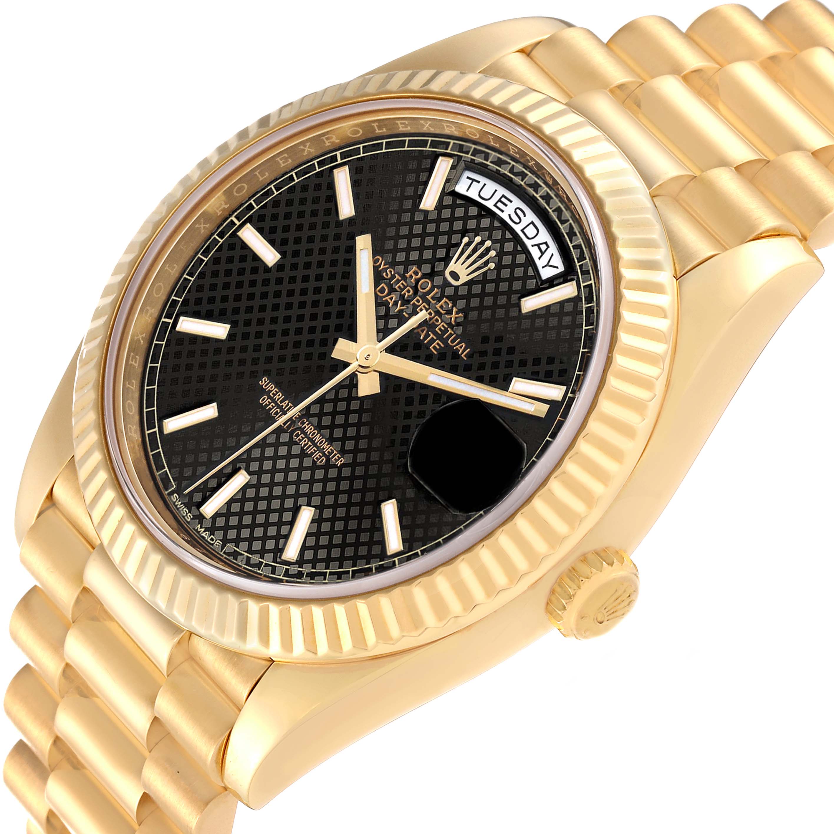This image shows a Rolex President 228238 Men's Yellow Gold Black Dial 228238 Men's Yellow Gold Black Dial model watch at a slight angle, highlighting its gold bracelet, black dial, fluted bezel, and day-date display.