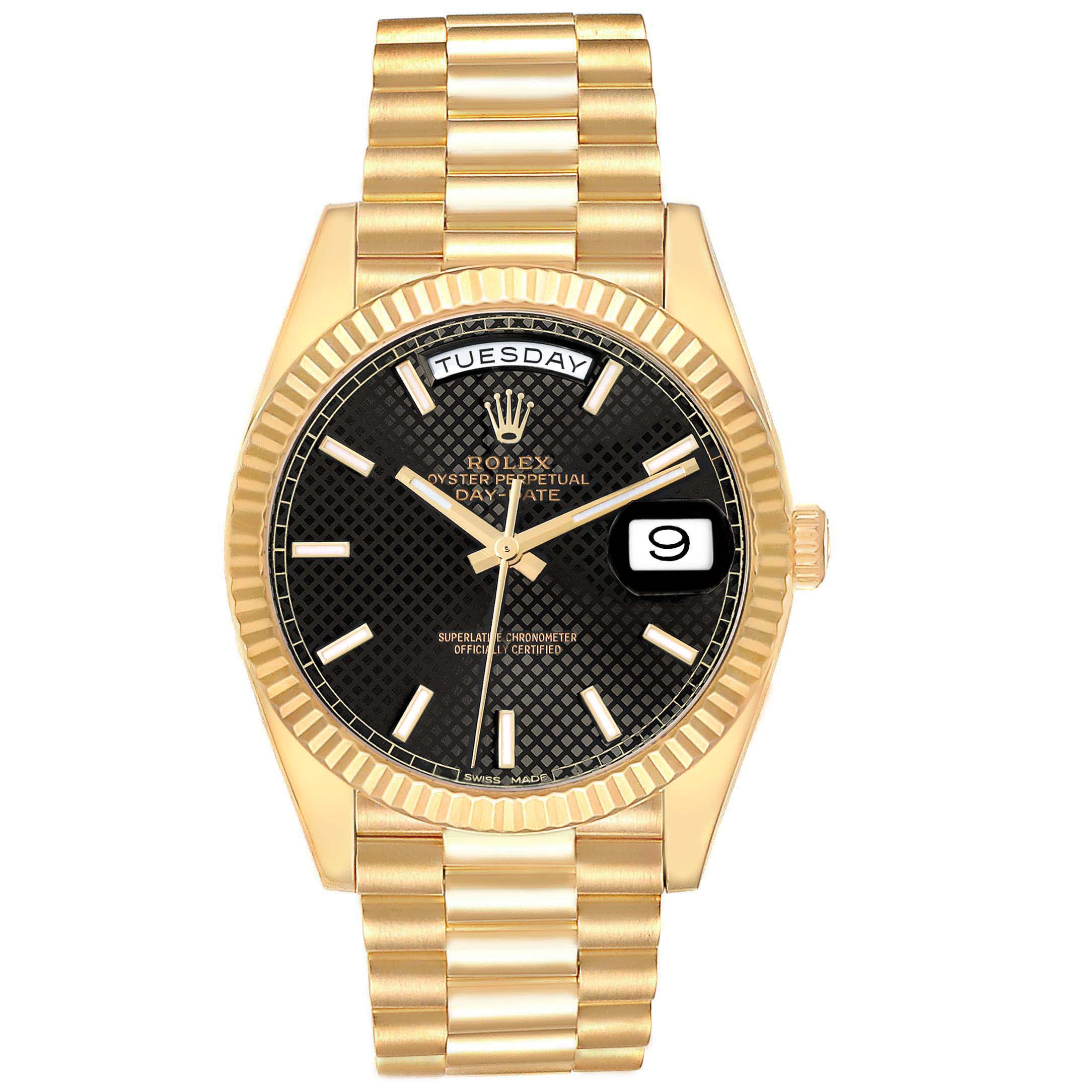 The Rolex President 228238 Men's Yellow Gold Black Dial 228238 Men's Yellow Gold Black Dial model watch is shown from a direct front angle, highlighting its gold bracelet, black dial, day, and date display.