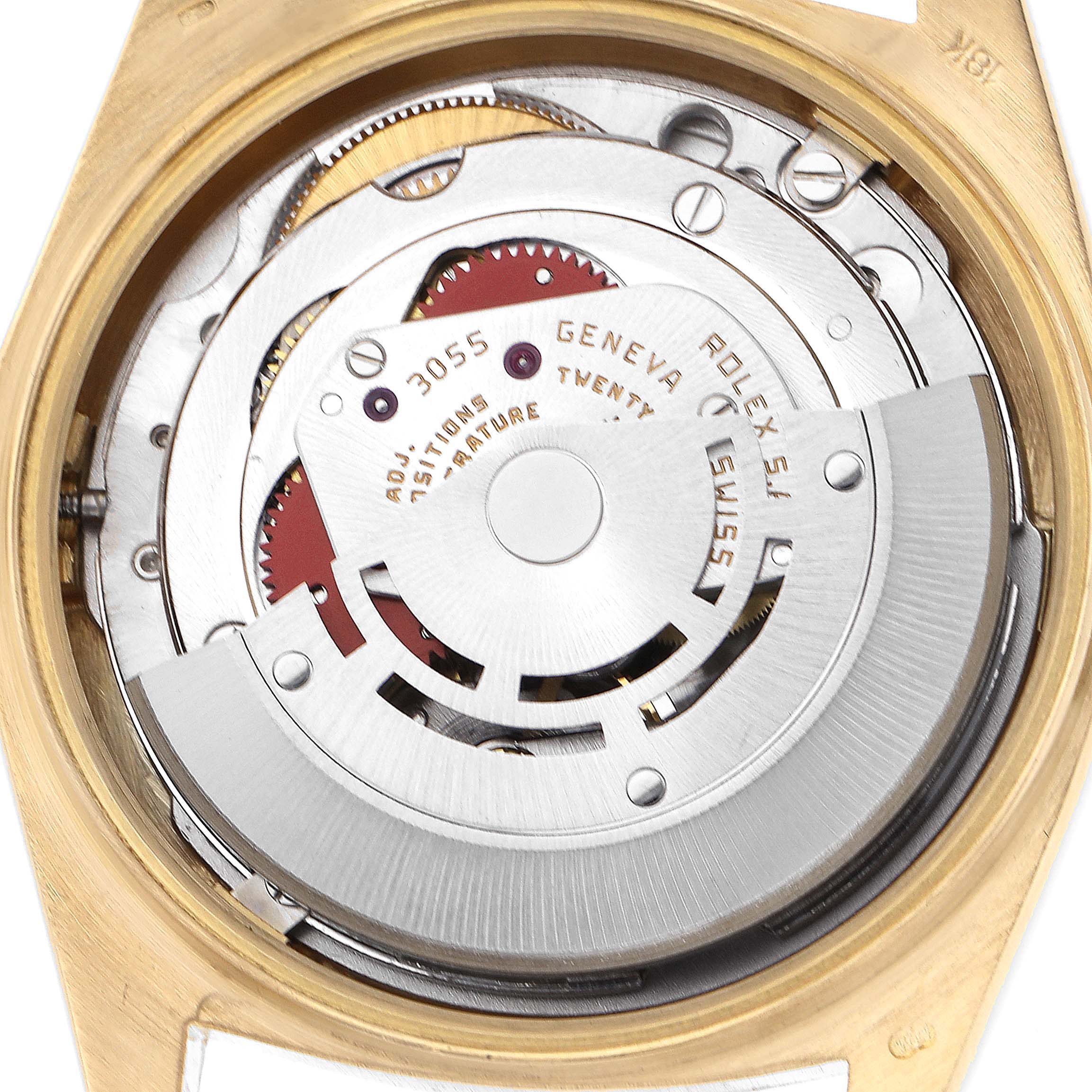 The image shows the movement of a Rolex President 18078 Men
s Yellow Gold Brown Dial 18078 Men
s Yellow Gold Brown Dial watch, focusing on the rotor and internal gears.