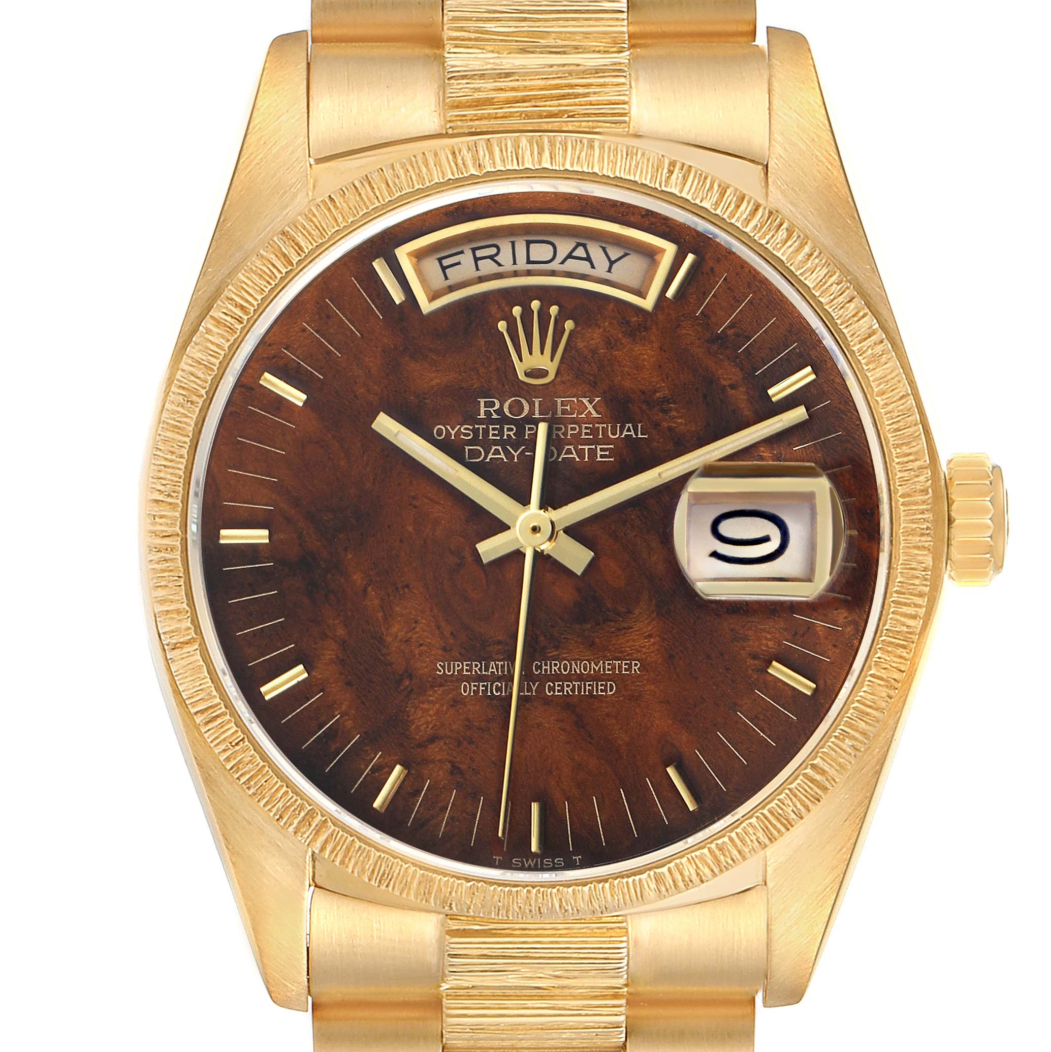 The Rolex President 18078 Men
s Yellow Gold Brown Dial 18078 Men
s Yellow Gold Brown Dial model watch is shown at a front angle, displaying the face, day, date, and part of the bracelet.