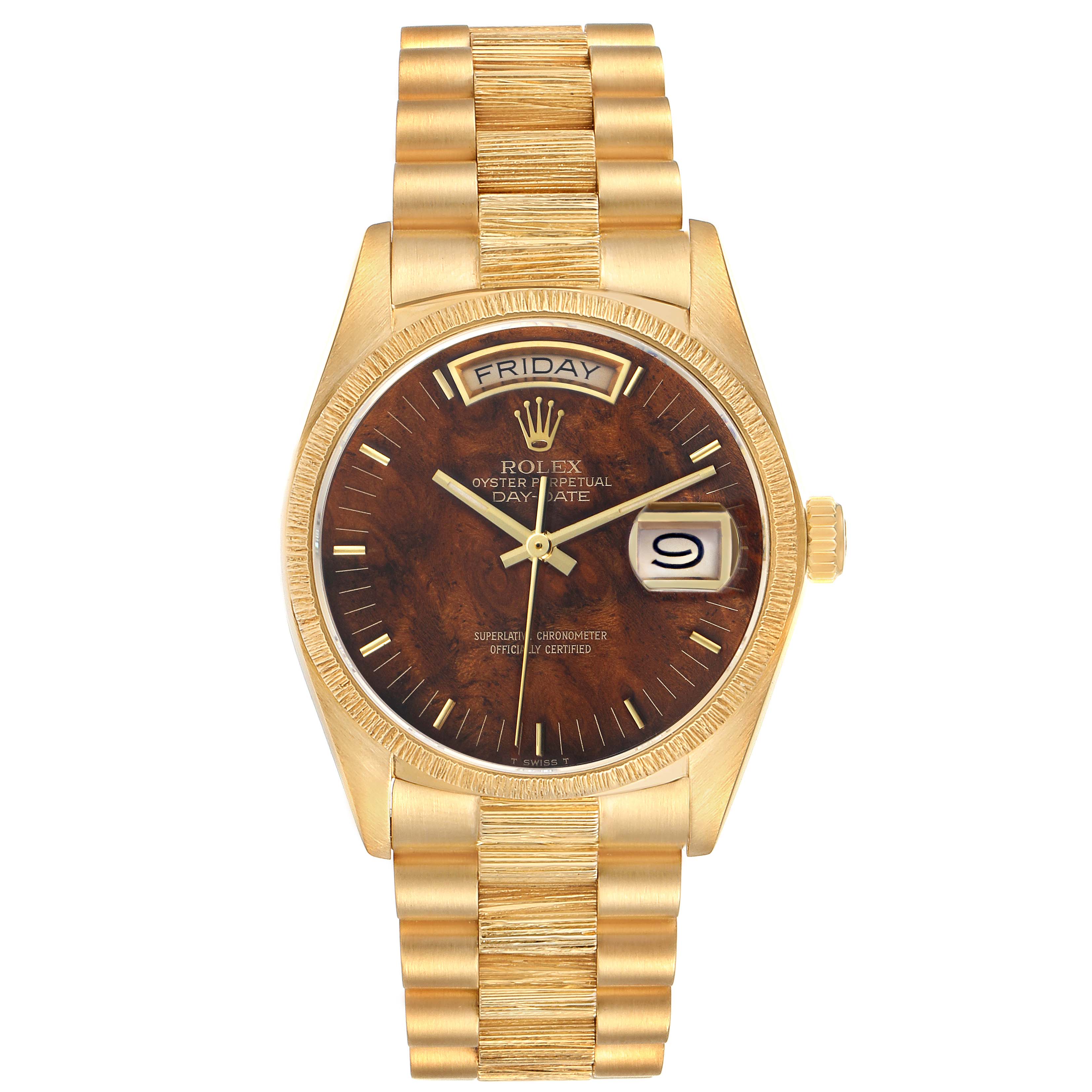 The Rolex President 18078 Men
s Yellow Gold Brown Dial 18078 Men
s Yellow Gold Brown Dial model watch is shown from a frontal angle, highlighting the face, day-date window, and gold bracelet.