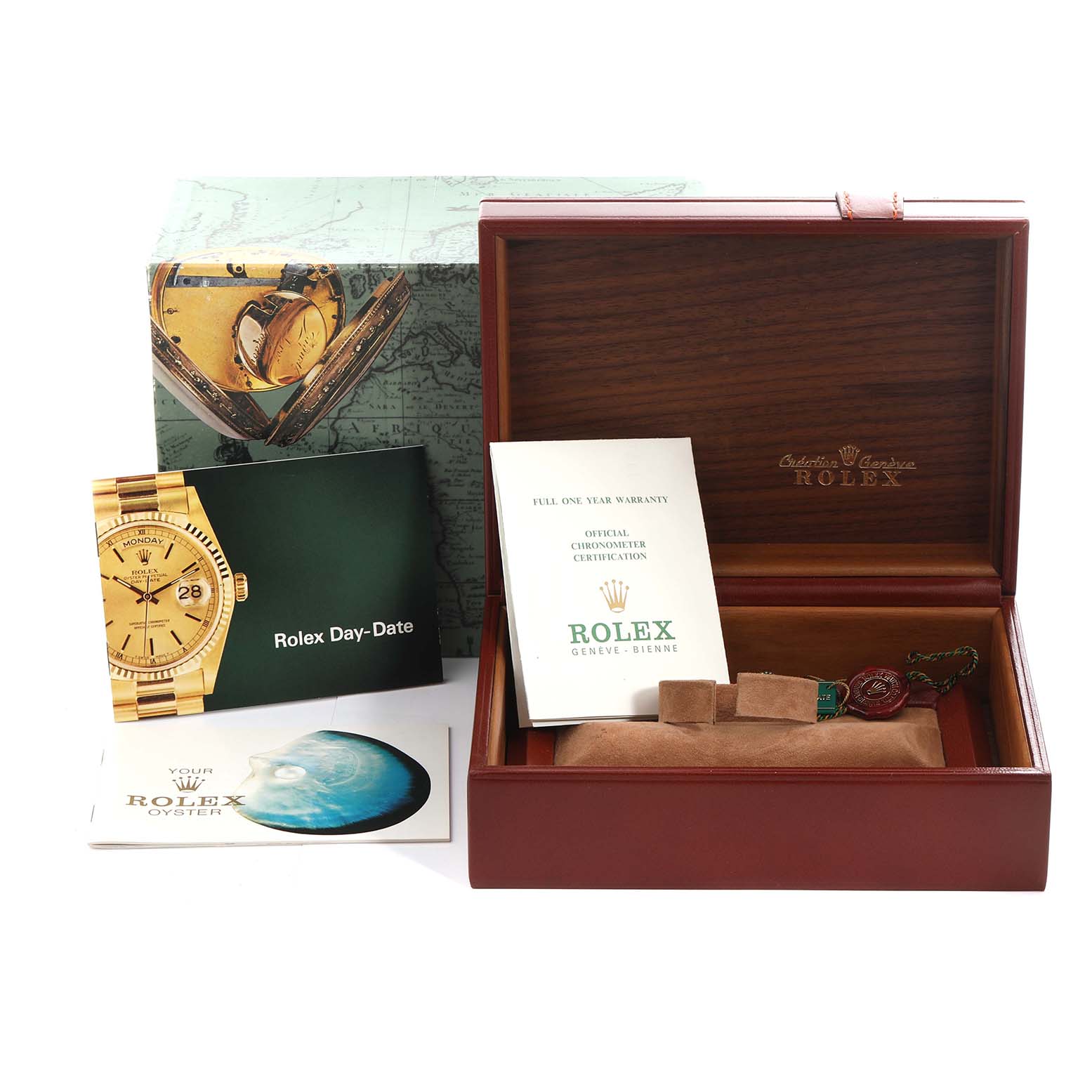 The image shows a Rolex President 18078 Men
s Yellow Gold Brown Dial 18078 Men
s Yellow Gold Brown Dial watch box with booklets, warranty card, and tags from a frontal angle.
