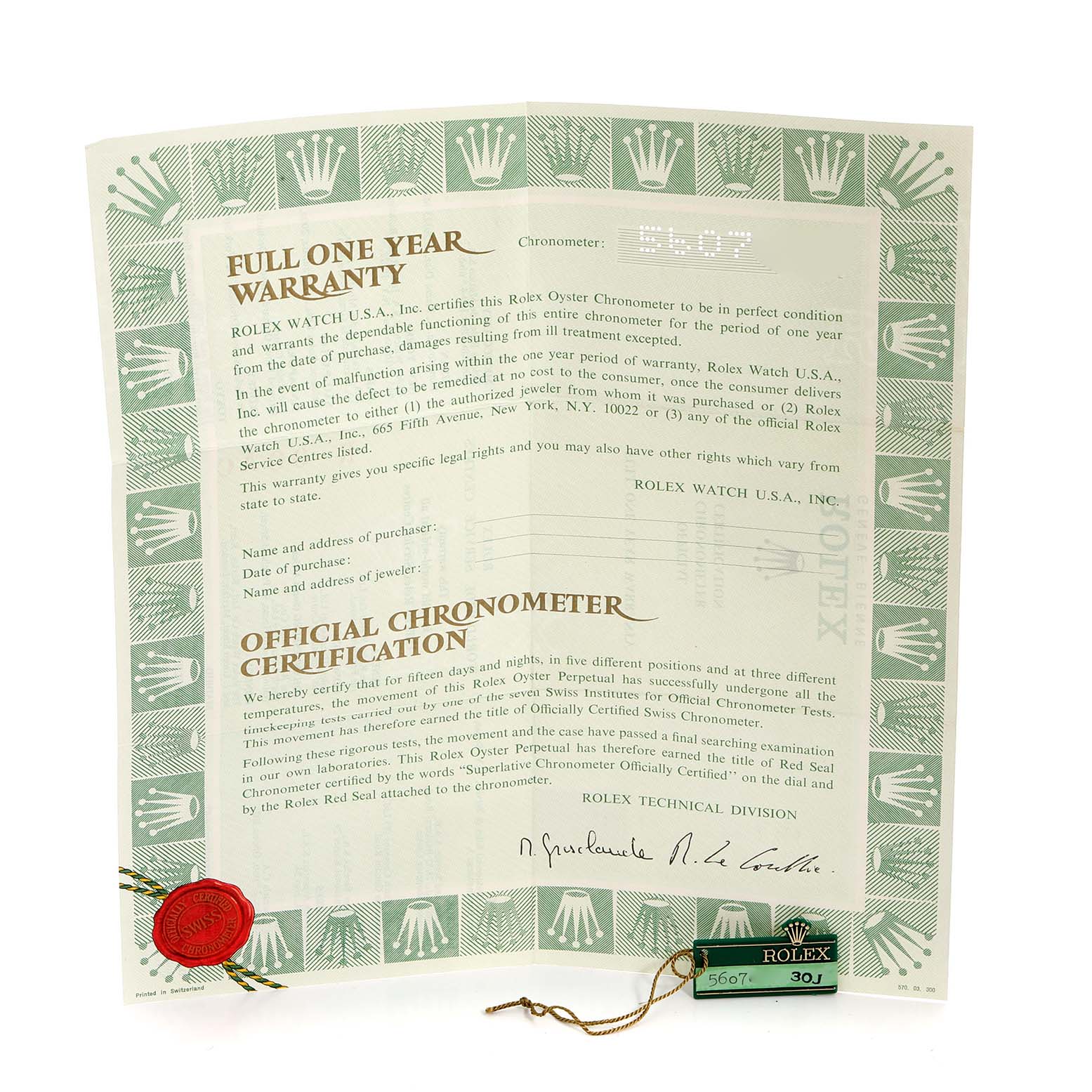 The image shows a full view of the warranty and chronometer certification for the Rolex President 18078 Men
s Yellow Gold Brown Dial 18078 Men
s Yellow Gold Brown Dial model, with a red seal and Rolex tags.