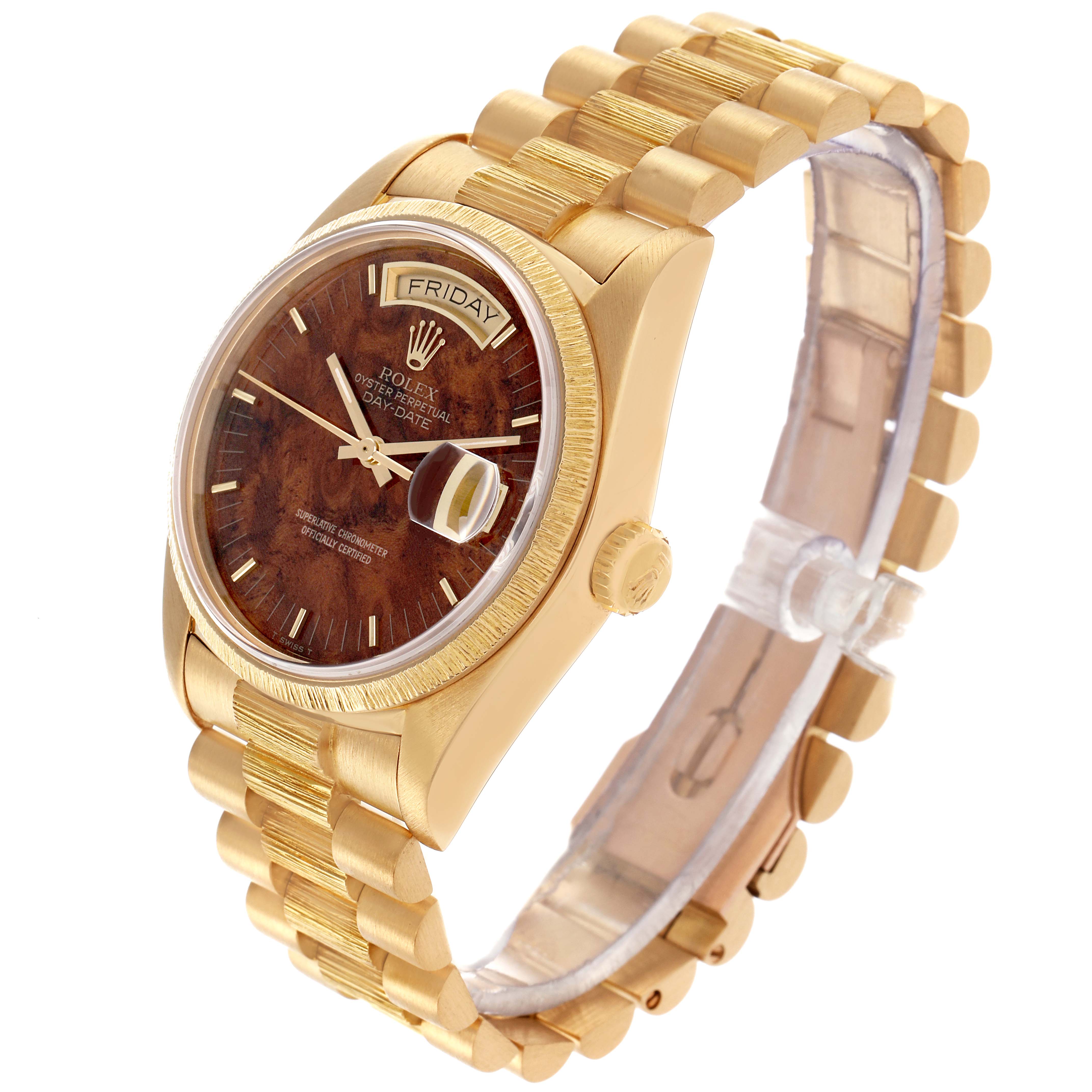 The Rolex President 18078 Men
s Yellow Gold Brown Dial 18078 Men
s Yellow Gold Brown Dial model is shown at a three-quarter angle, highlighting the dial, bracelet, and crown.