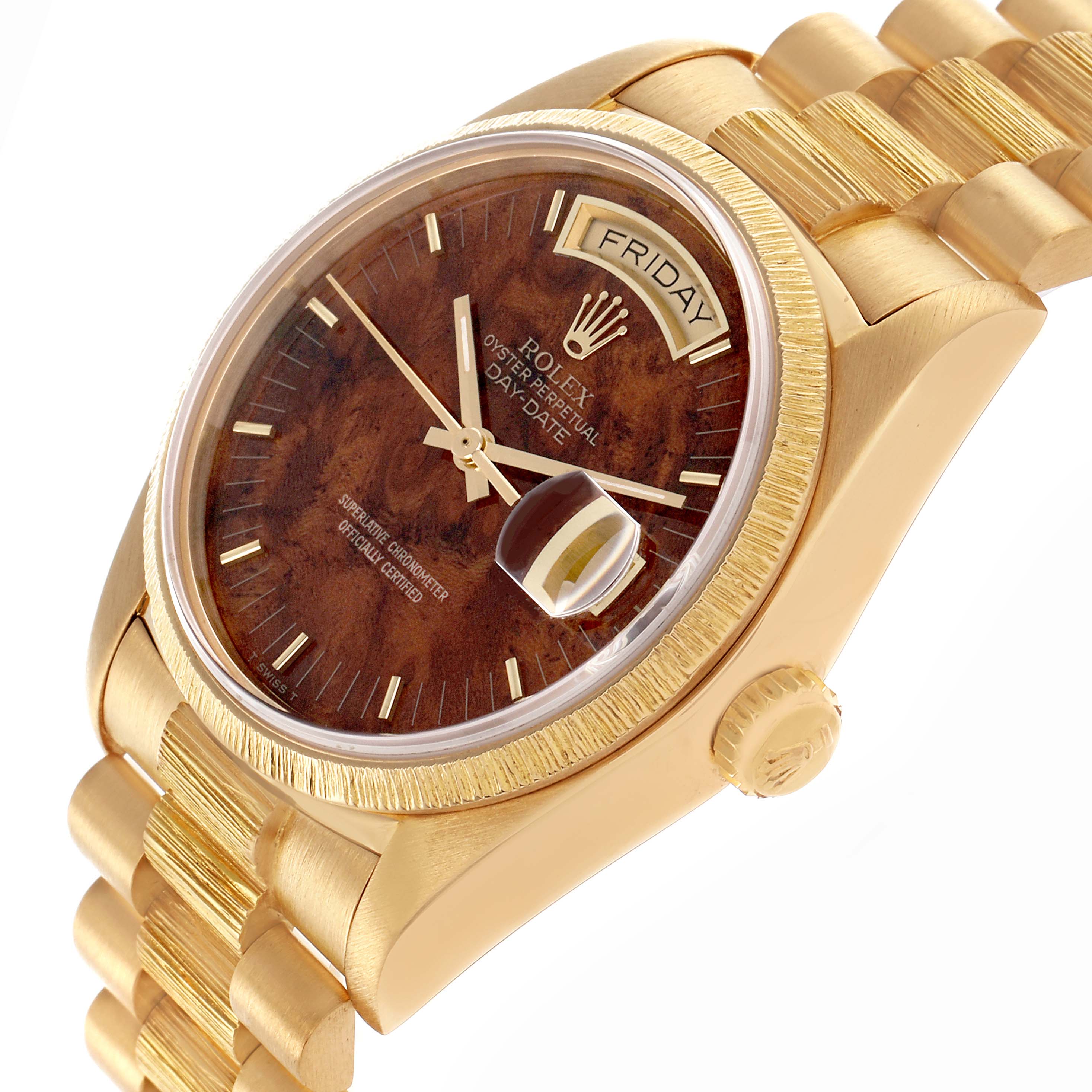 The Rolex President 18078 Men
s Yellow Gold Brown Dial 18078 Men
s Yellow Gold Brown Dial model is shown at a slight side angle, highlighting the face, day display, bezel, and part of the gold bracelet.
