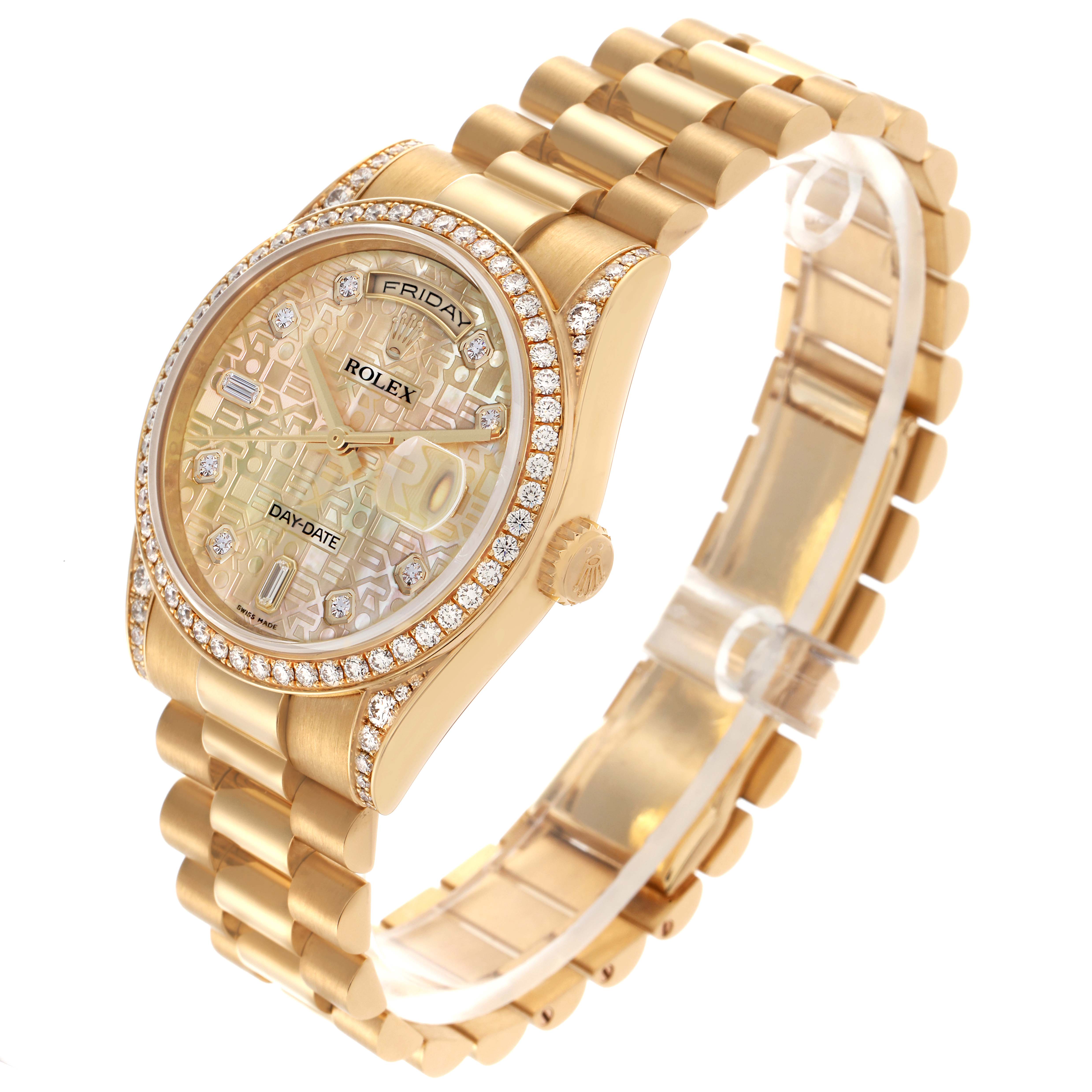 The Rolex President 118388 Men's Yellow Gold Mother of Pearl Dial 118388 Men's Yellow Gold Mother of Pearl Dial watch is shown at a three-quarter angle, highlighting its bracelet, bezel, and detailed dial.