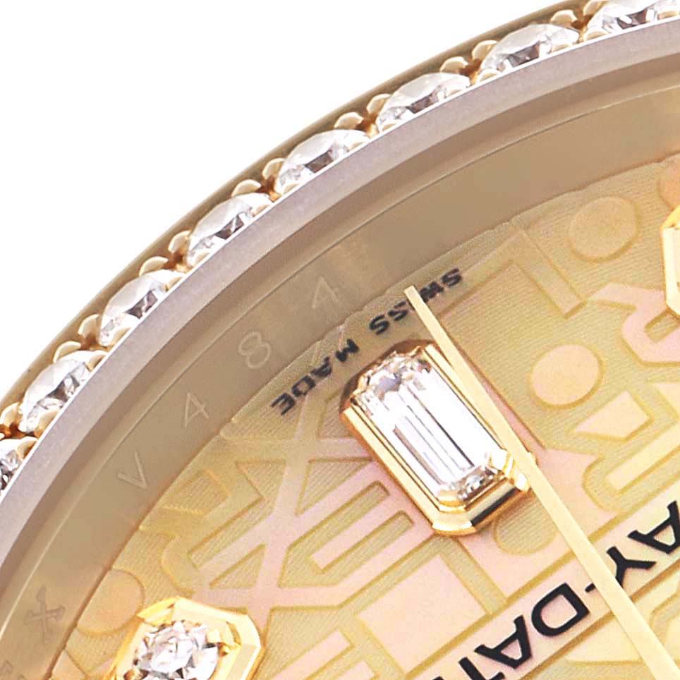 This image shows a close-up angle of the Rolex President 118388 Men's Yellow Gold Mother of Pearl Dial 118388 Men's Yellow Gold Mother of Pearl Dial watch's dial and diamond-set bezel.