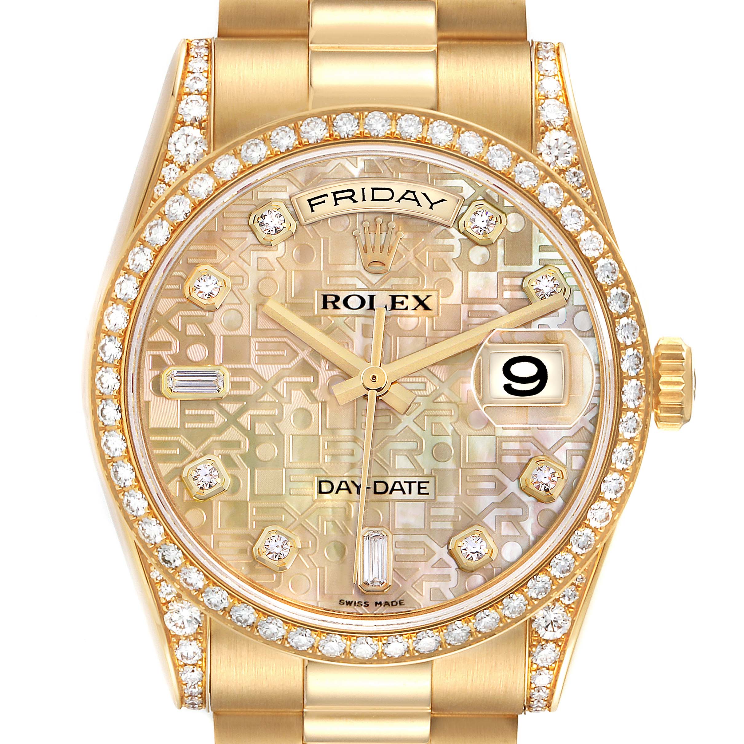 The Rolex President 118388 Men's Yellow Gold Mother of Pearl Dial 118388 Men's Yellow Gold Mother of Pearl Dial watch is shown from the front, displaying the dial, bezel, and partial bracelet with diamond embellishments.