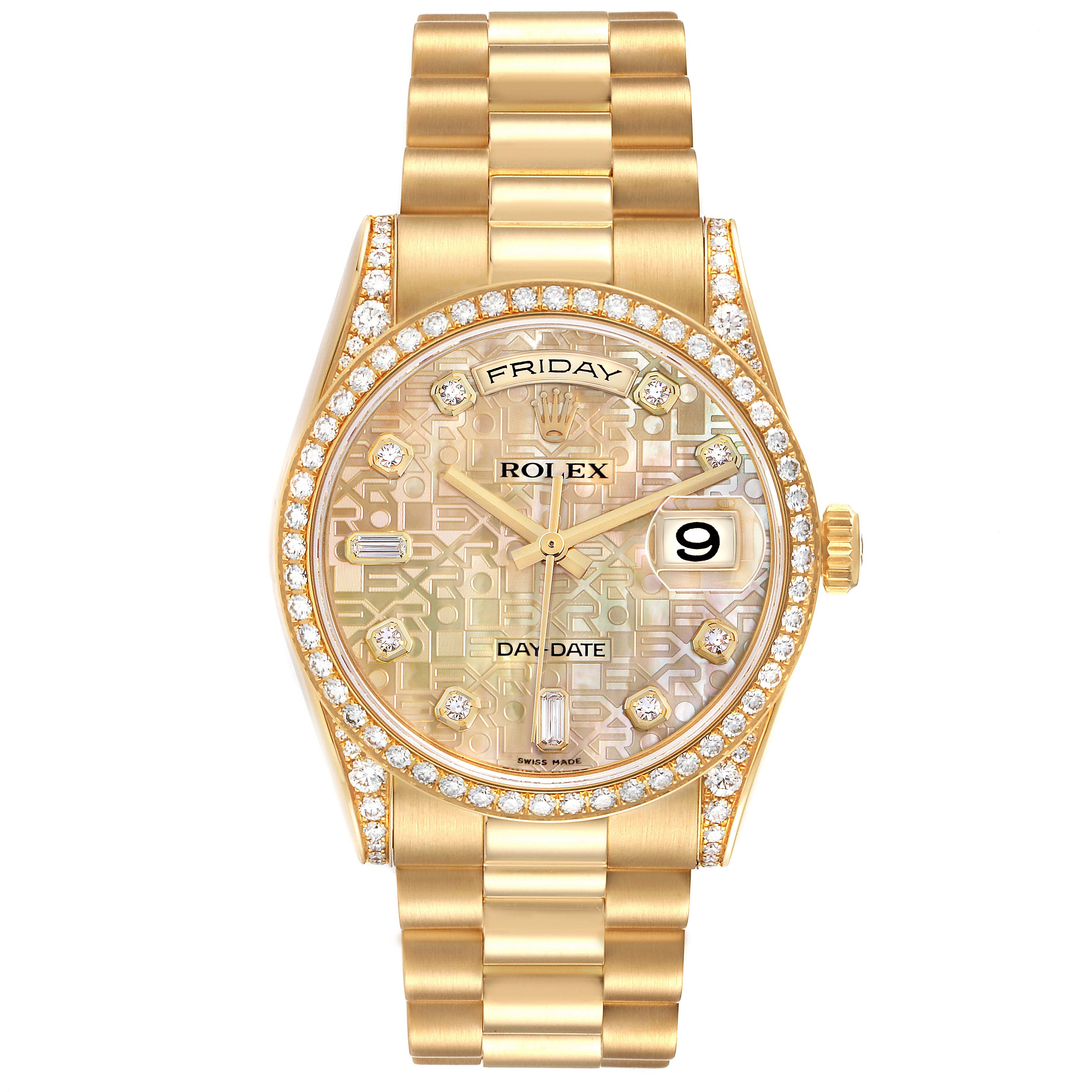 The image shows a Rolex President 118388 Men's Yellow Gold Mother of Pearl Dial 118388 Men's Yellow Gold Mother of Pearl Dial model watch from a front angle, highlighting its gold bracelet, diamond bezel, and dial features.