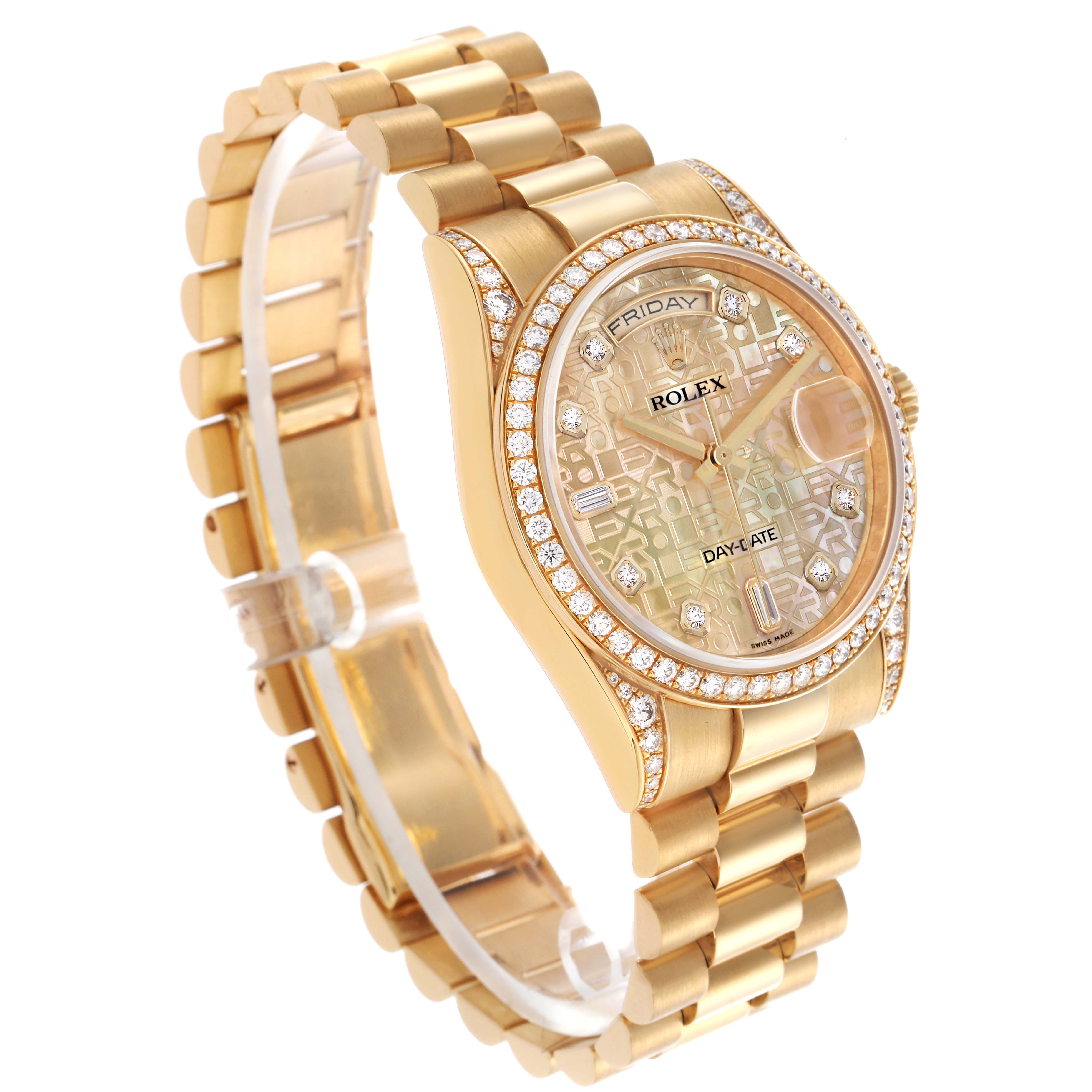 The Rolex President 118388 Men's Yellow Gold Mother of Pearl Dial 118388 Men's Yellow Gold Mother of Pearl Dial model is shown at a side angle, highlighting the bracelet, diamond bezel, and detailed dial.
