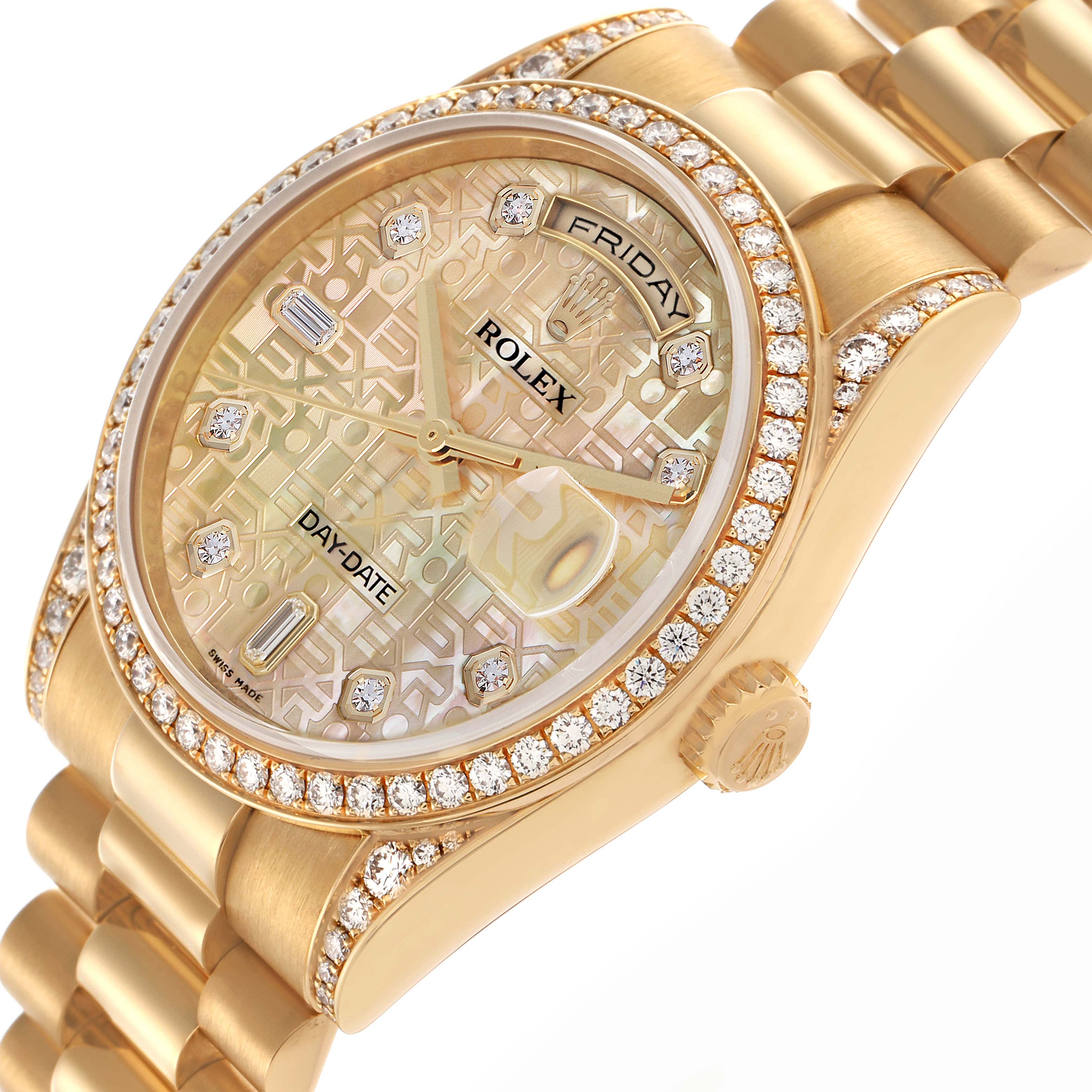 The Rolex President 118388 Men's Yellow Gold Mother of Pearl Dial 118388 Men's Yellow Gold Mother of Pearl Dial model watch is shown at an angle displaying the face, bezel, bracelet, and crown with diamond detailing.