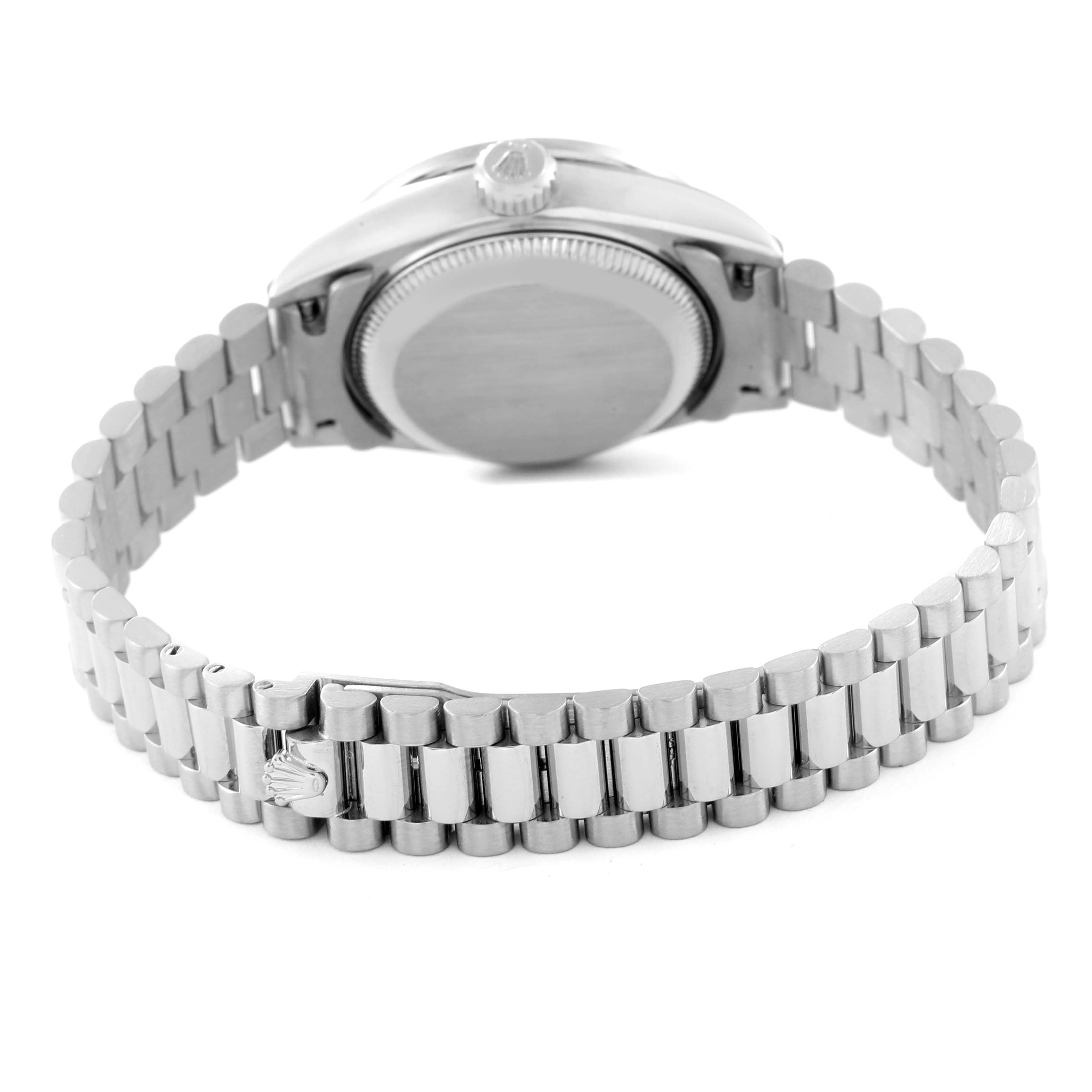 This image shows the back view of a Rolex President 79159 Women's White Gold Silver Dial 79159 Women's White Gold Silver Dial model watch focusing on the case back and bracelet.