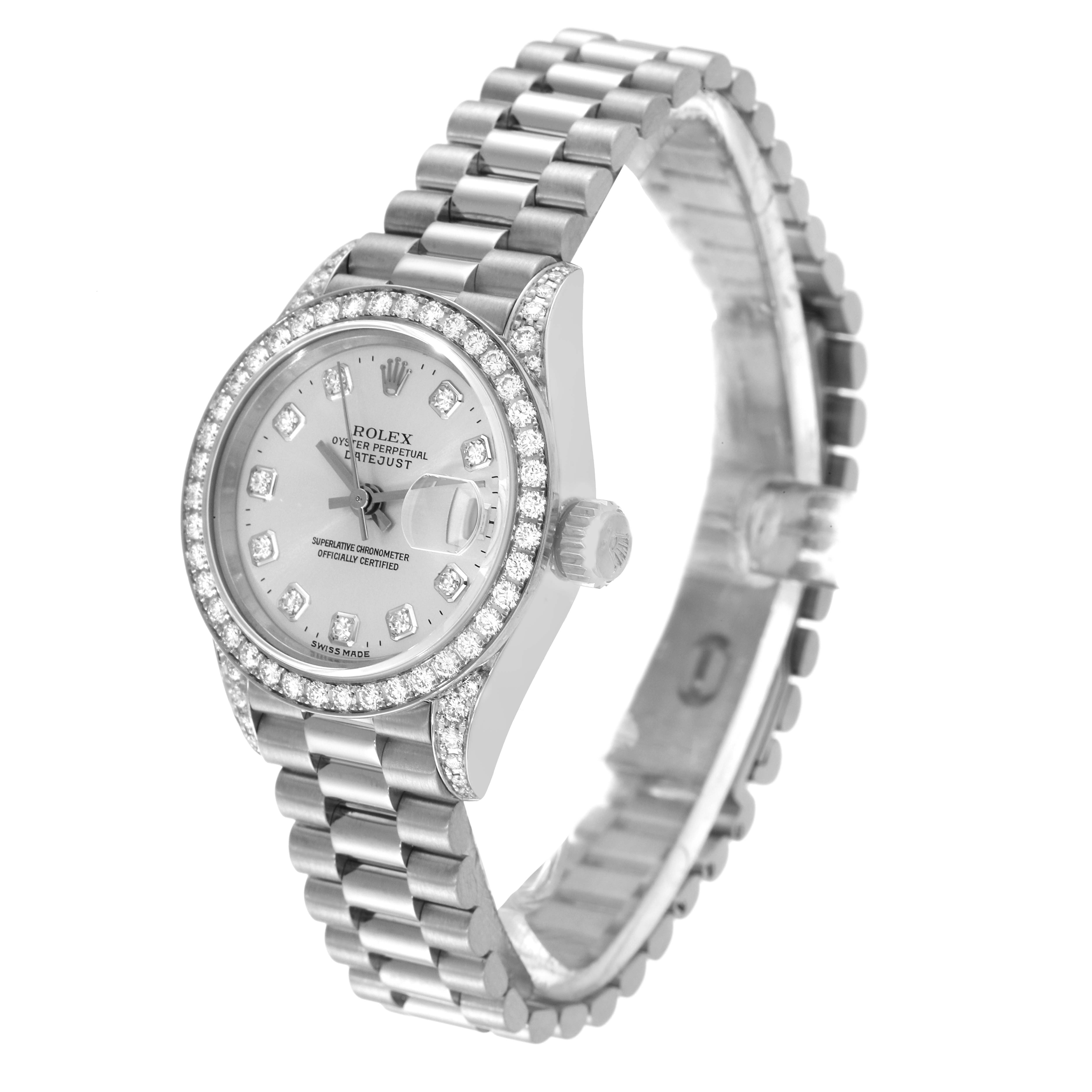 This image shows a Rolex President 79159 Women's White Gold Silver Dial 79159 Women's White Gold Silver Dial model watch from a three-quarter angle, highlighting the dial, bezel, and bracelet.