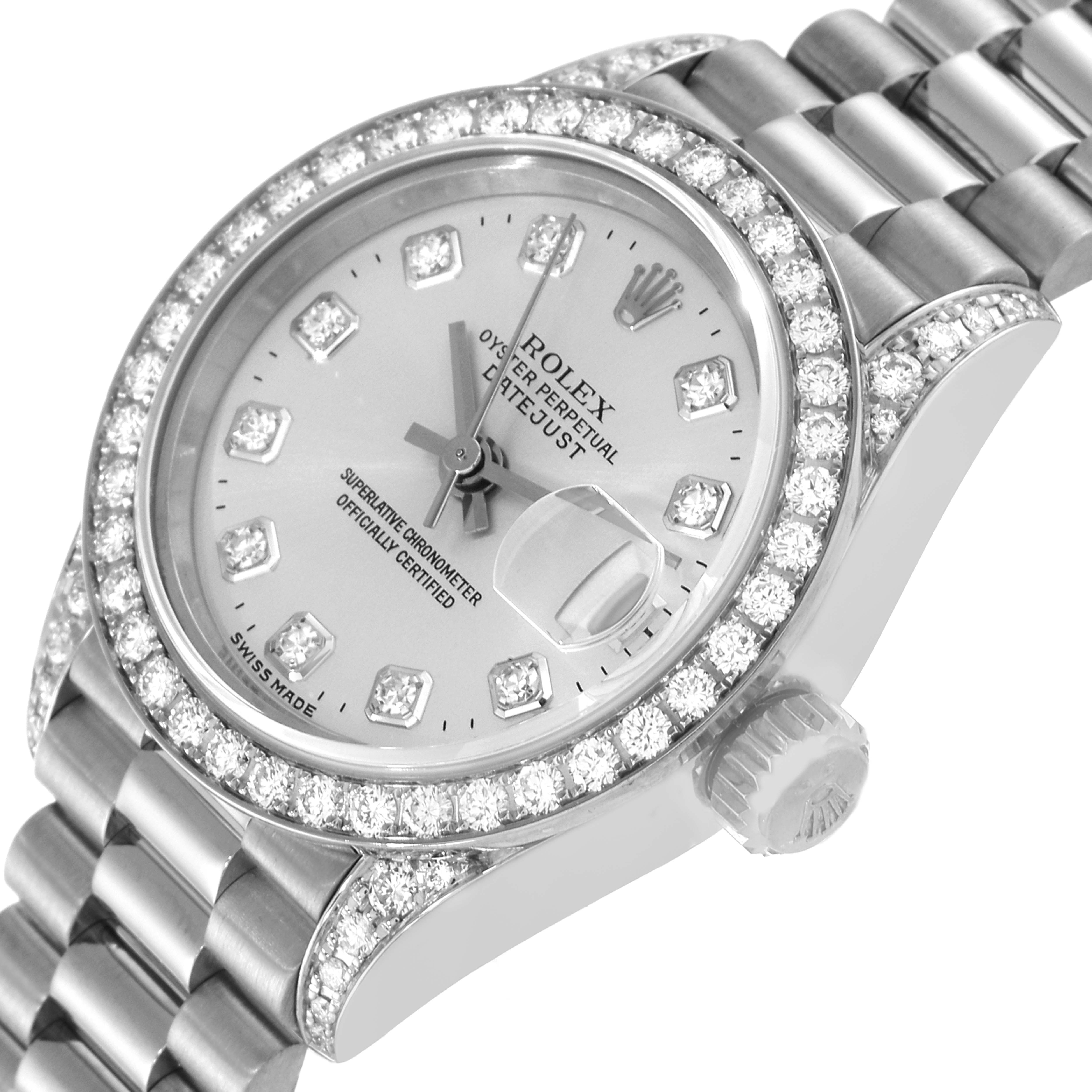 The image shows a Rolex President 79159 Women's White Gold Silver Dial 79159 Women's White Gold Silver Dial model watch at an angle highlighting the dial, bezel, and part of the bracelet.