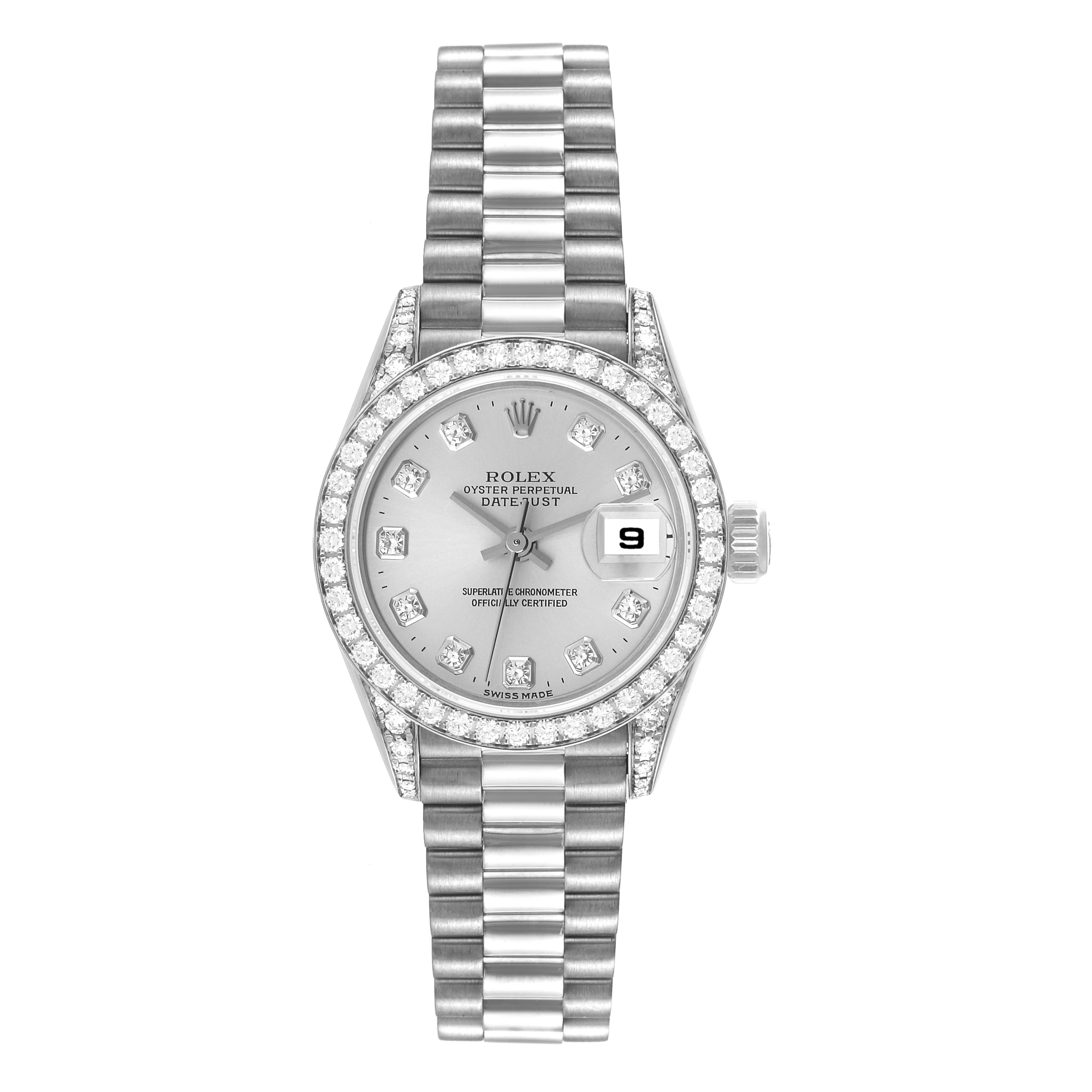 The image shows a front view of a Rolex President 79159 Women's White Gold Silver Dial 79159 Women's White Gold Silver Dial Datejust watch featuring a silver bracelet, diamond bezel, and date window.