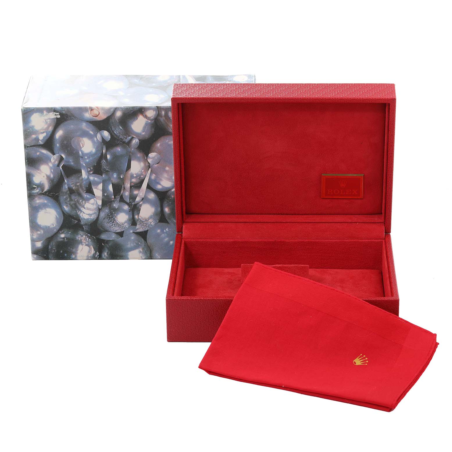 The image shows a Rolex President 79159 Women's White Gold Silver Dial 79159 Women's White Gold Silver Dial model watch box and packaging, including a decorative box, a red interior box, and a red cleaning cloth.