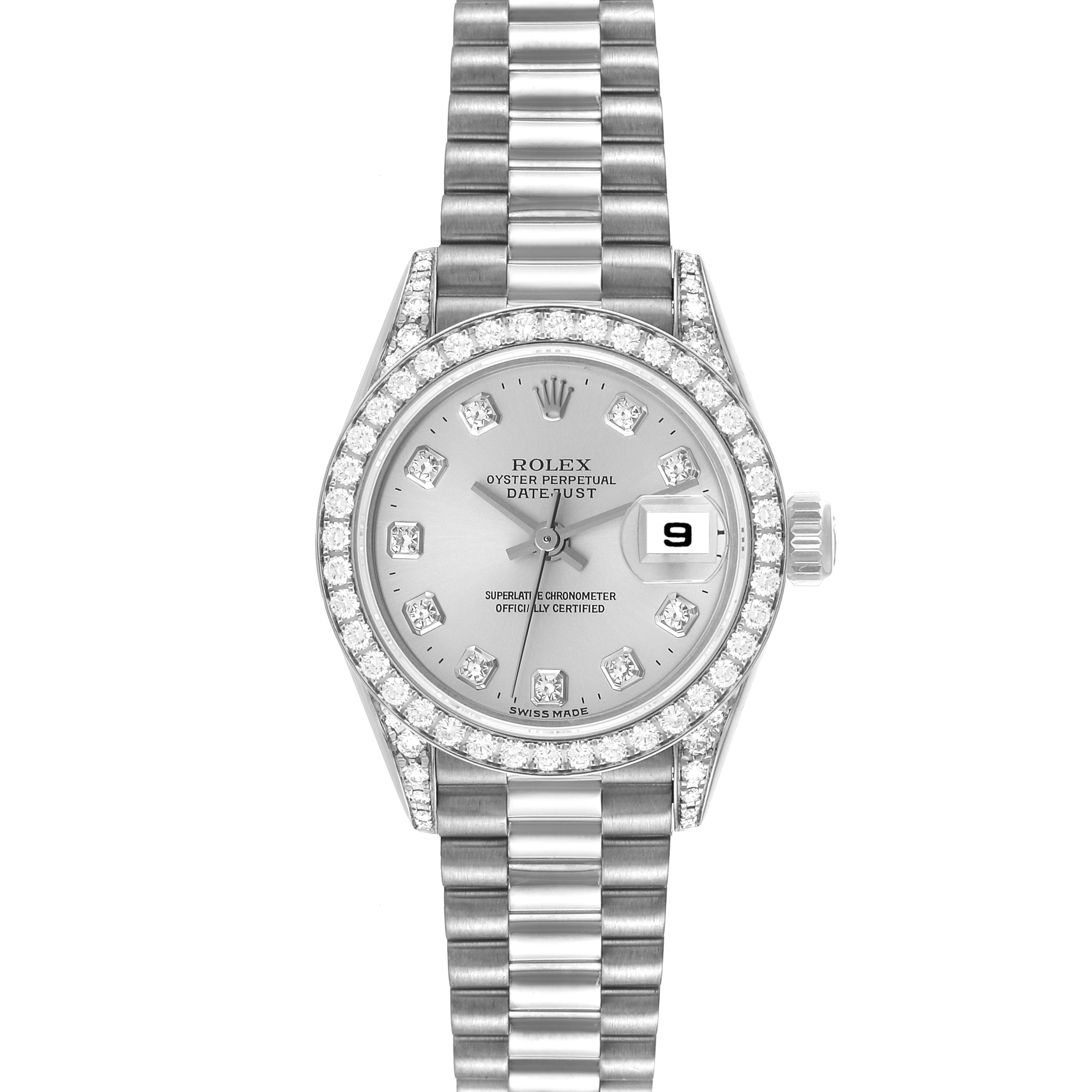 The image shows a front view of the Rolex President 79159 Women's White Gold Silver Dial 79159 Women's White Gold Silver Dial model watch, highlighting its dial, bezel with diamonds, bracelet, and date display.