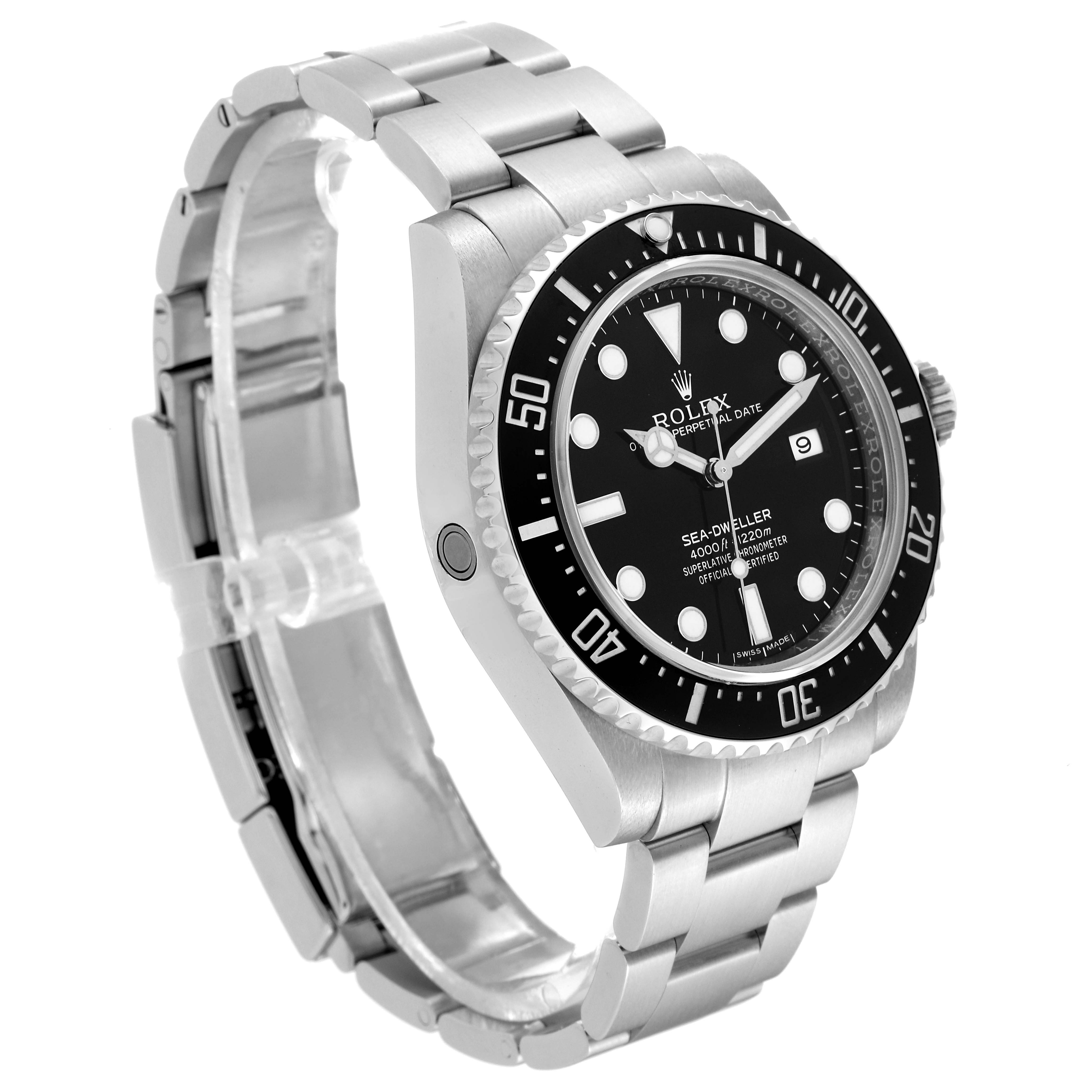The image shows a side angle of a Rolex Sea-Dweller 116600 Men's Stainless Steel Black Dial 116600 Men's Stainless Steel Black Dial watch, displaying the bracelet, bezel, and dial.
