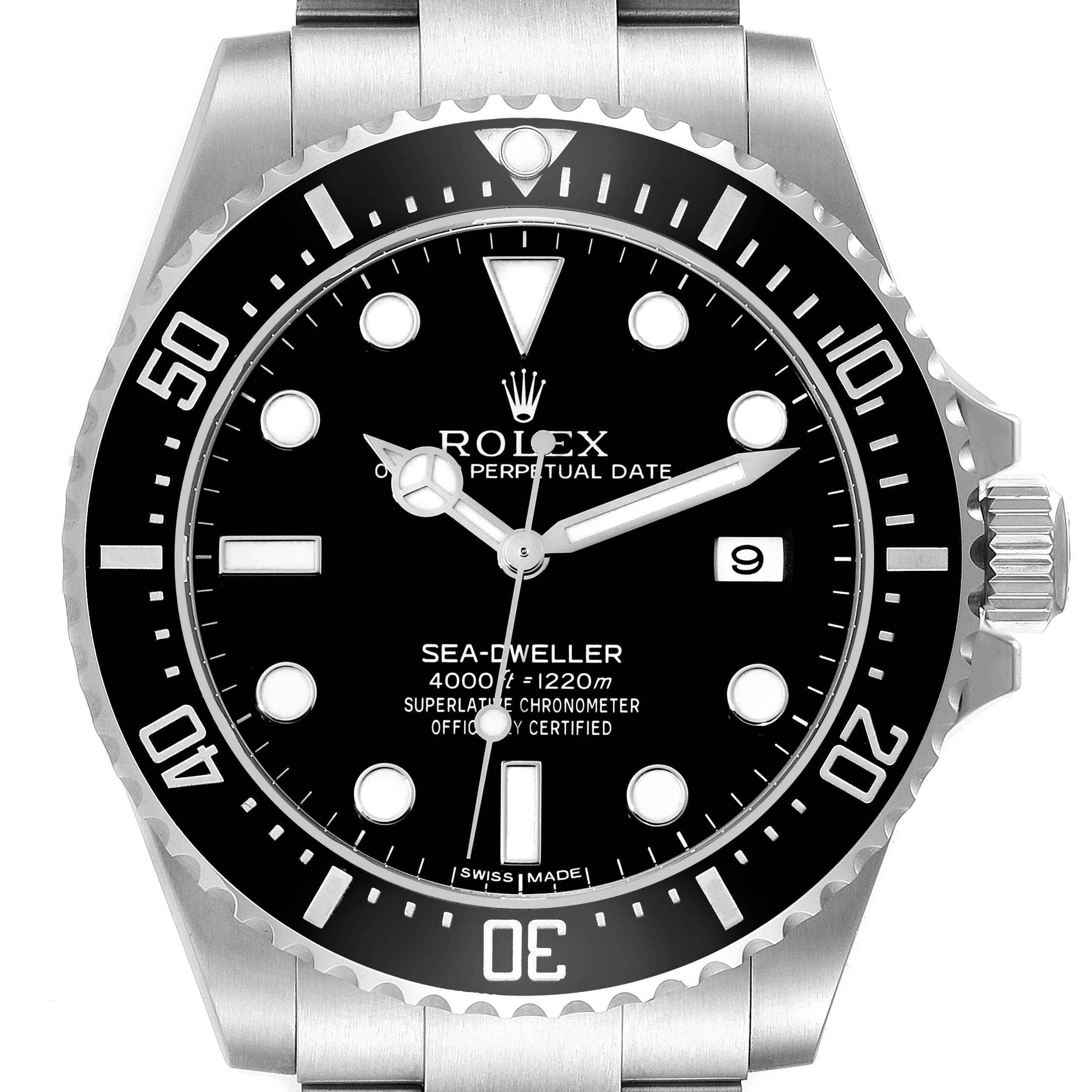 The image shows a front view of the Rolex Sea-Dweller model 116600 featuring its dial, bezel, and crown.