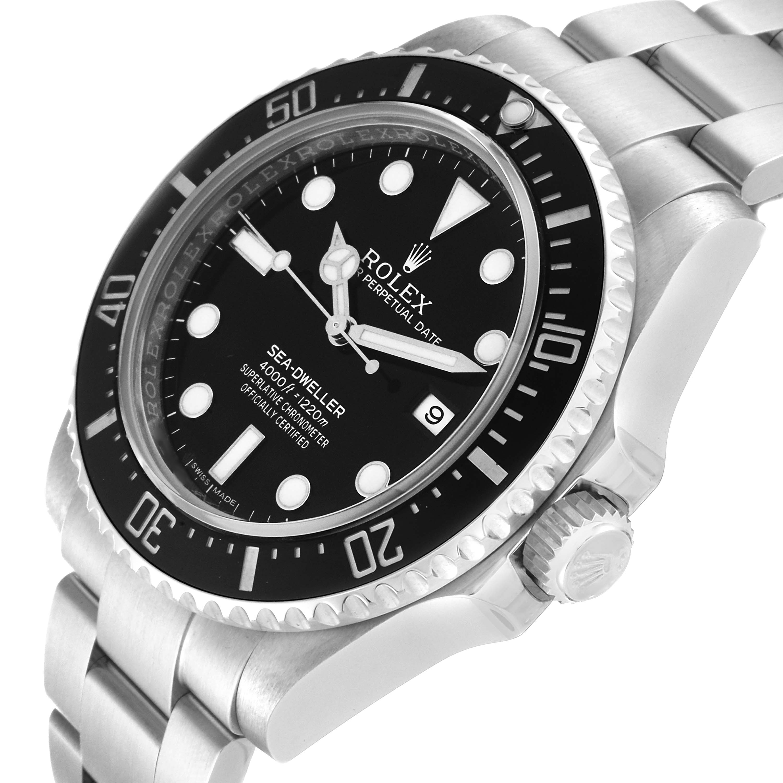 The image shows a Rolex Sea-Dweller 116600 Men's Stainless Steel Black Dial 116600 Men's Stainless Steel Black Dial watch at a slight side angle, highlighting the bezel, dial, crown, and part of the bracelet.
