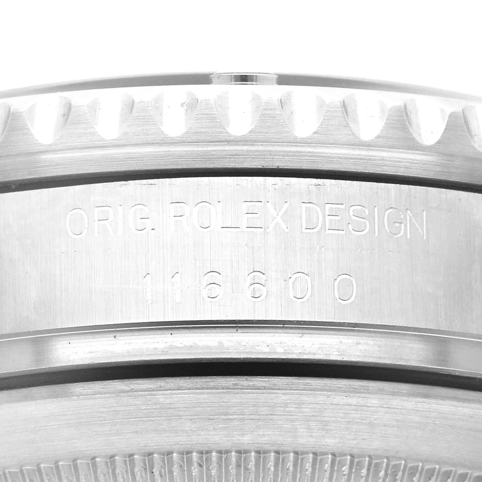 This is a close-up of the case back edge of a Rolex Sea-Dweller 116600 Men's Stainless Steel Black Dial 116600 Men's Stainless Steel Black Dial, showing the engraving with model number 16600.