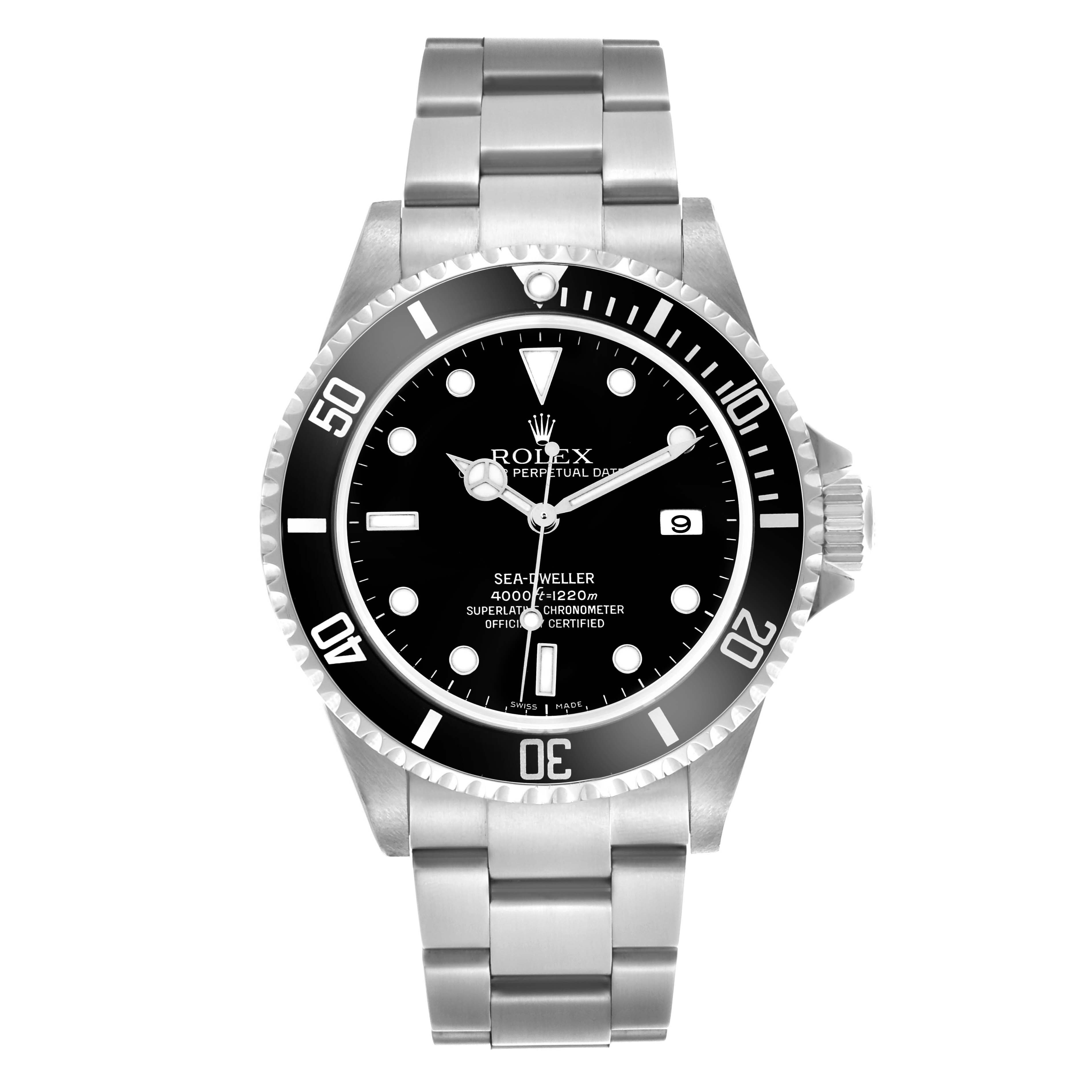 The image shows a front view of the Rolex Sea-Dweller 16600 Men's Stainless Steel Black Dial 16600 Men's Stainless Steel Black Dial, highlighting the dial, bezel, and bracelet.