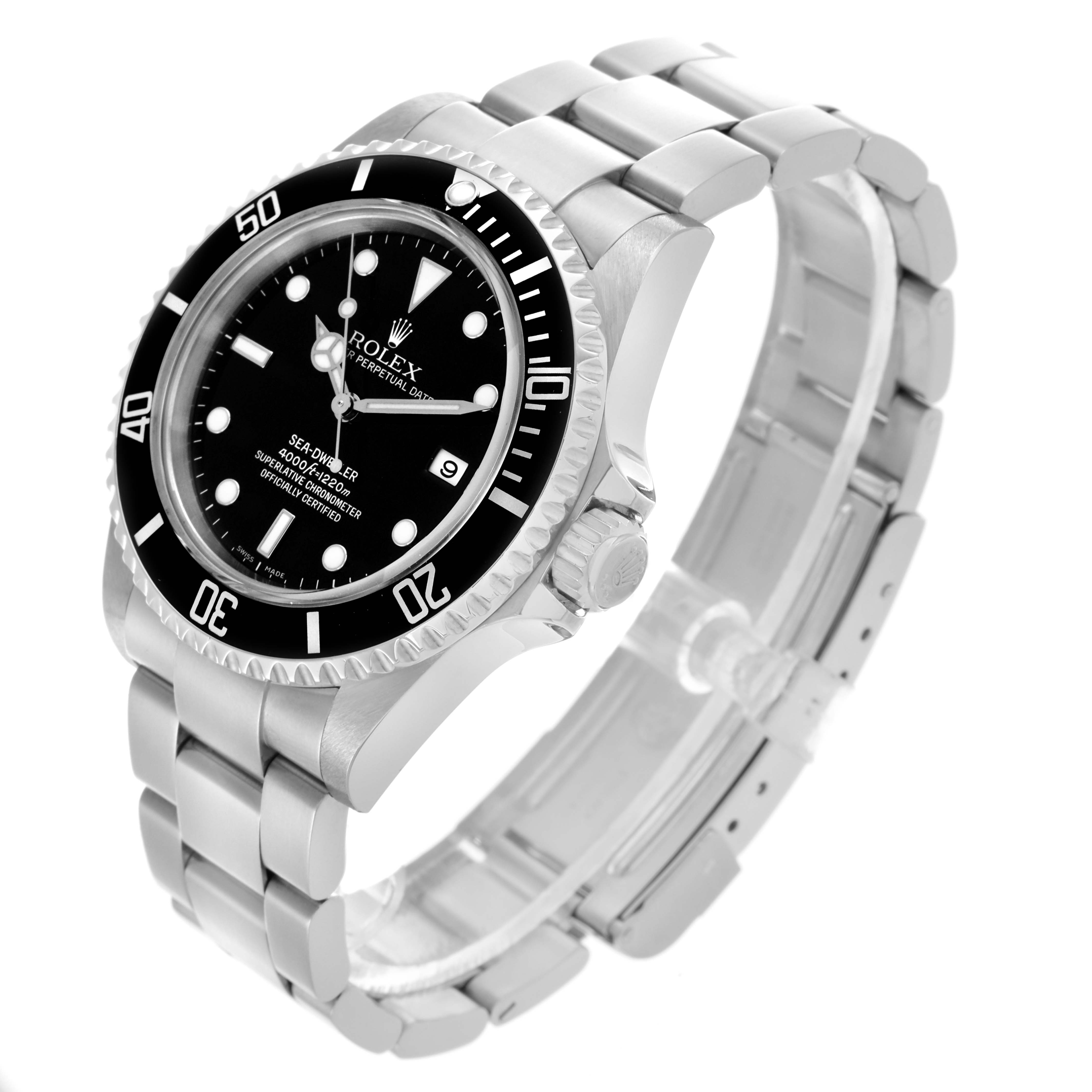 The Rolex Sea-Dweller 16600 Men's Stainless Steel Black Dial 16600 Men's Stainless Steel Black Dial is shown from a three-quarter angle, highlighting the dial, bezel, crown, and bracelet.
