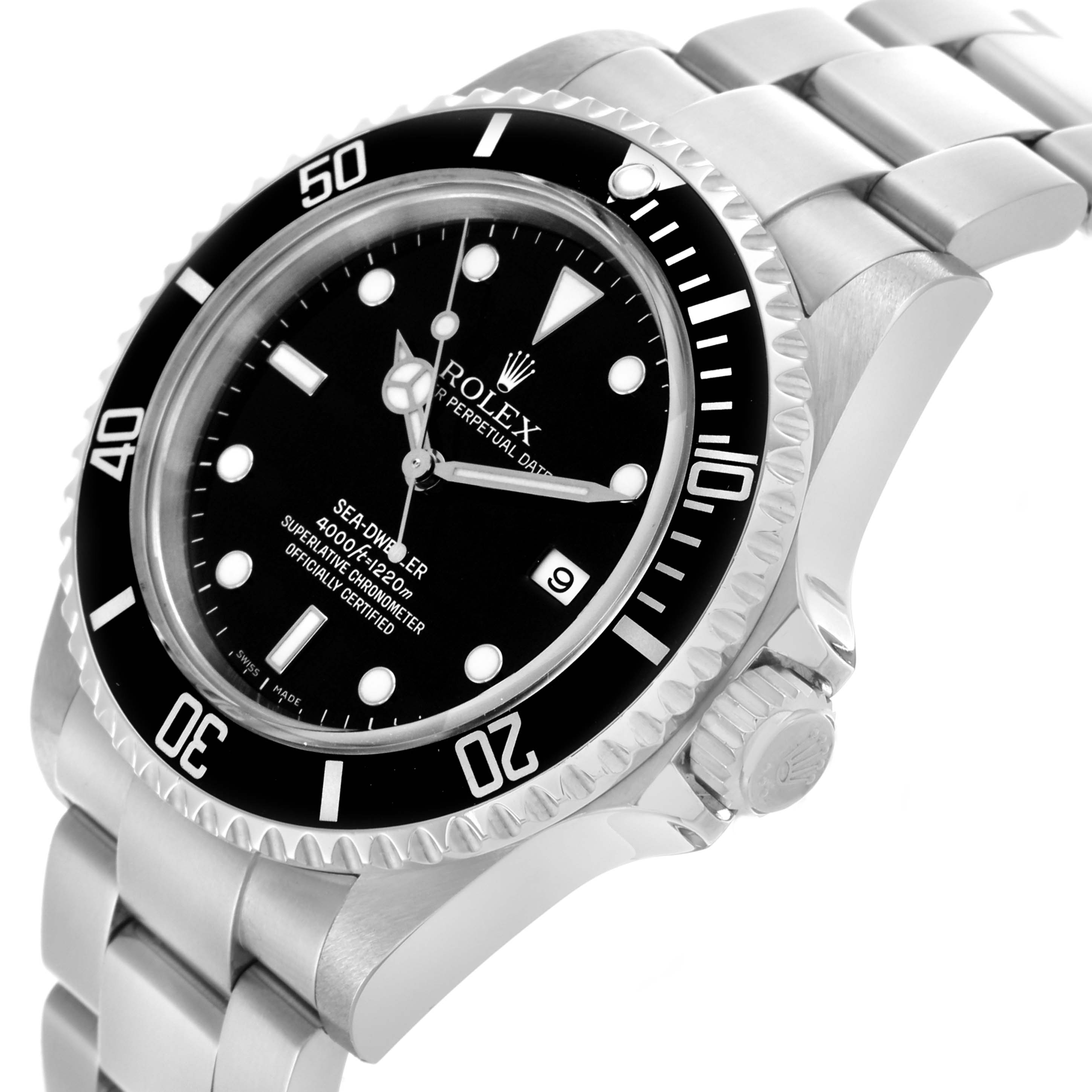 The Rolex Sea-Dweller 16600 Men's Stainless Steel Black Dial 16600 Men's Stainless Steel Black Dial is shown at an angled side view, highlighting the bezel, dial, and bracelet.