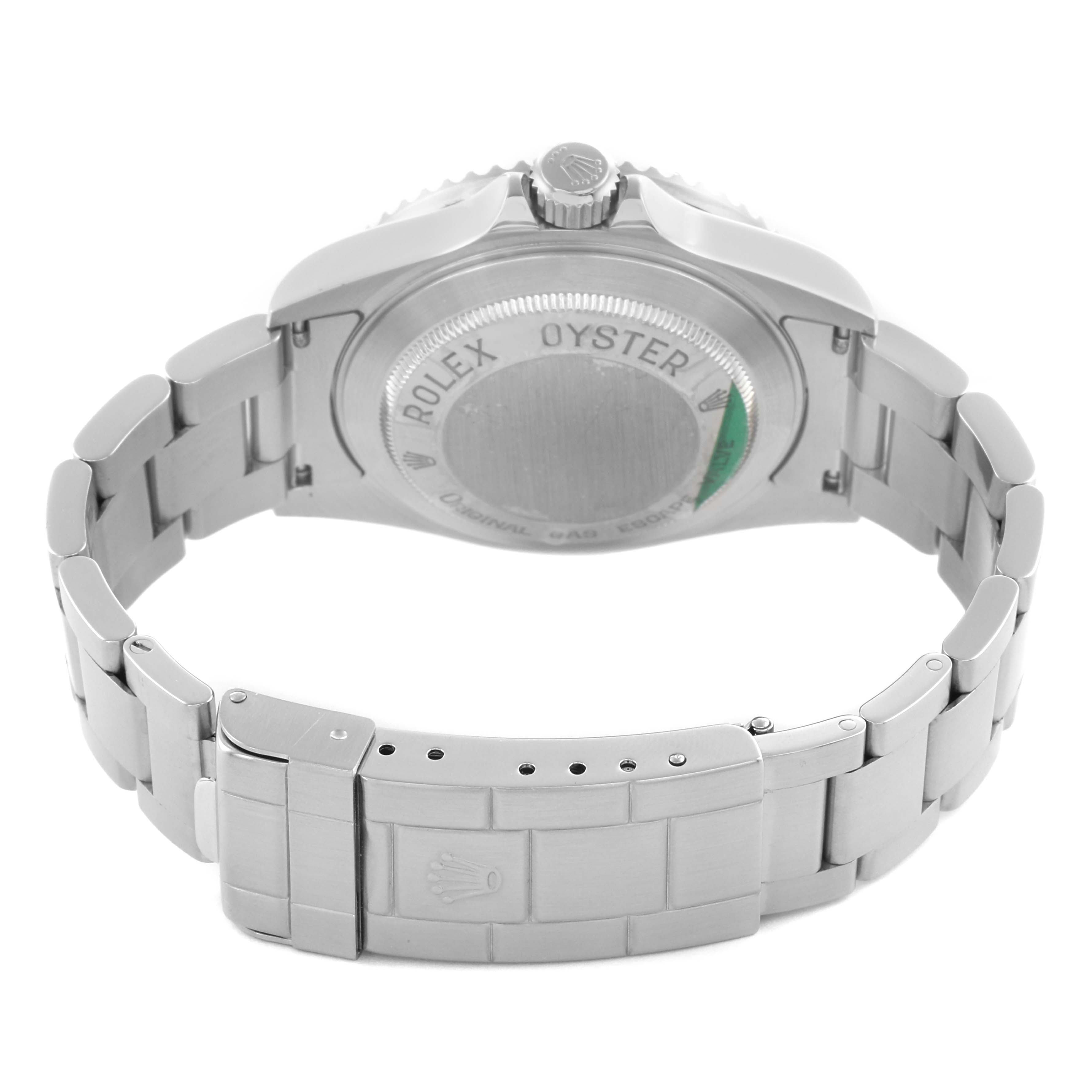 The image shows the back view of a Rolex Sea-Dweller 16600 Men's Stainless Steel Black Dial 16600 Men's Stainless Steel Black Dial, featuring its case back and bracelet clasp.