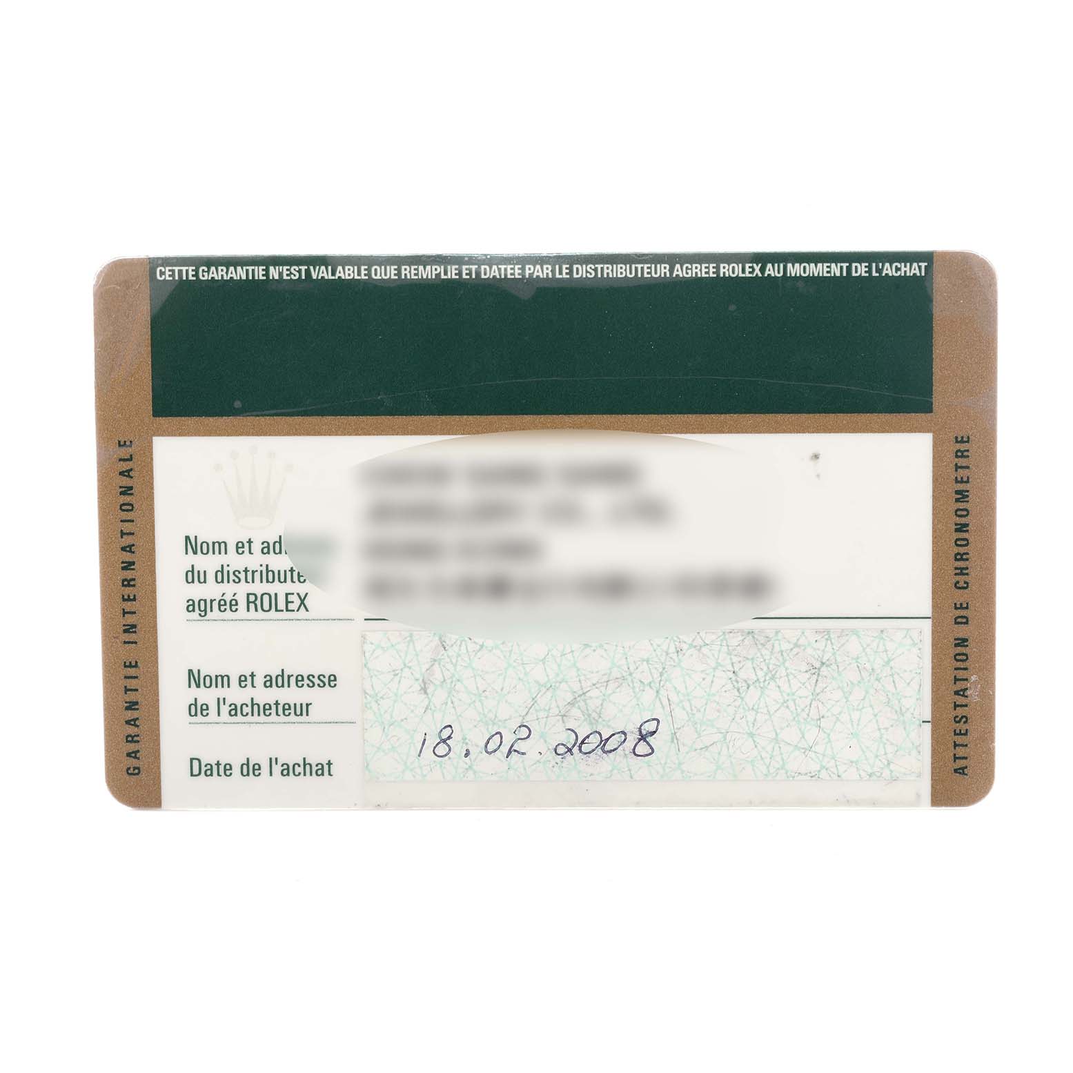 This image shows the warranty card for a Rolex Sea-Dweller 16600 Men's Stainless Steel Black Dial 16600 Men's Stainless Steel Black Dial watch, viewed from above.