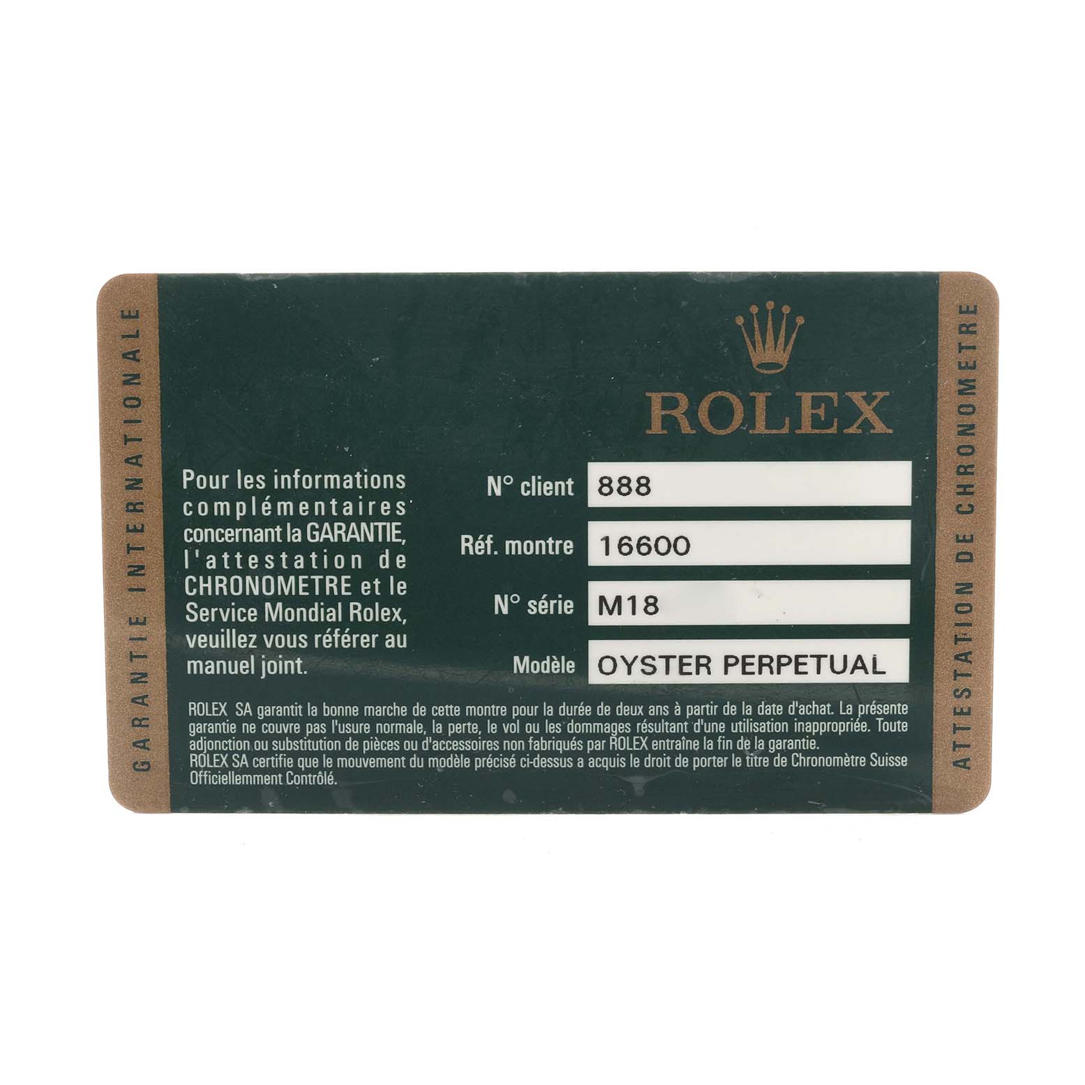This image shows a Rolex international guarantee card for the Sea-Dweller Oyster Perpetual model.