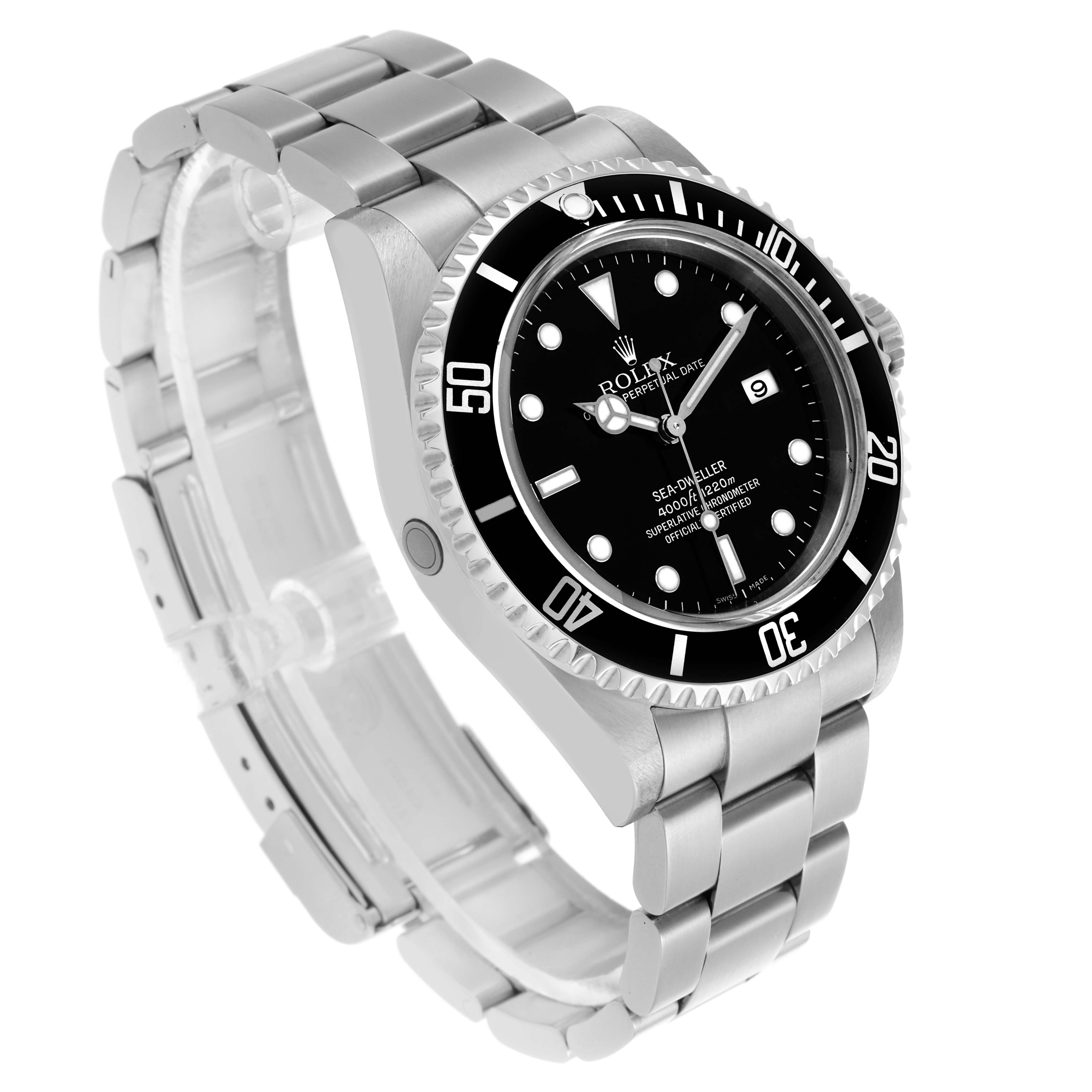 The Rolex Sea-Dweller 16600 Men's Stainless Steel Black Dial 16600 Men's Stainless Steel Black Dial is shown at a three-quarter angle, highlighting the bezel, dial, and bracelet.