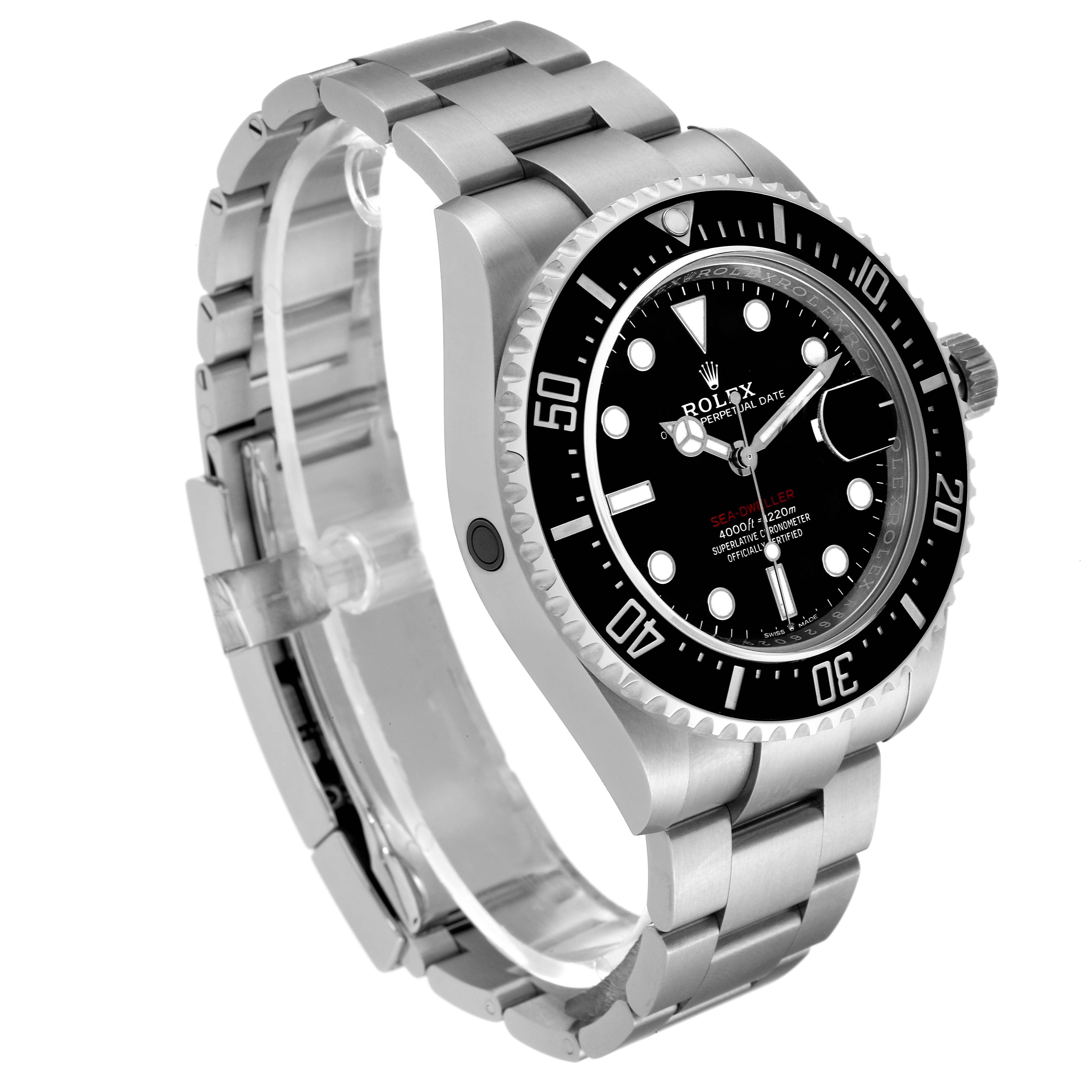 The Rolex Sea-Dweller 126600 Men
s Stainless Steel Black Dial 126600 Men
s Stainless Steel Black Dial watch is shown at an angle displaying the face, bezel, crown, and metal bracelet.