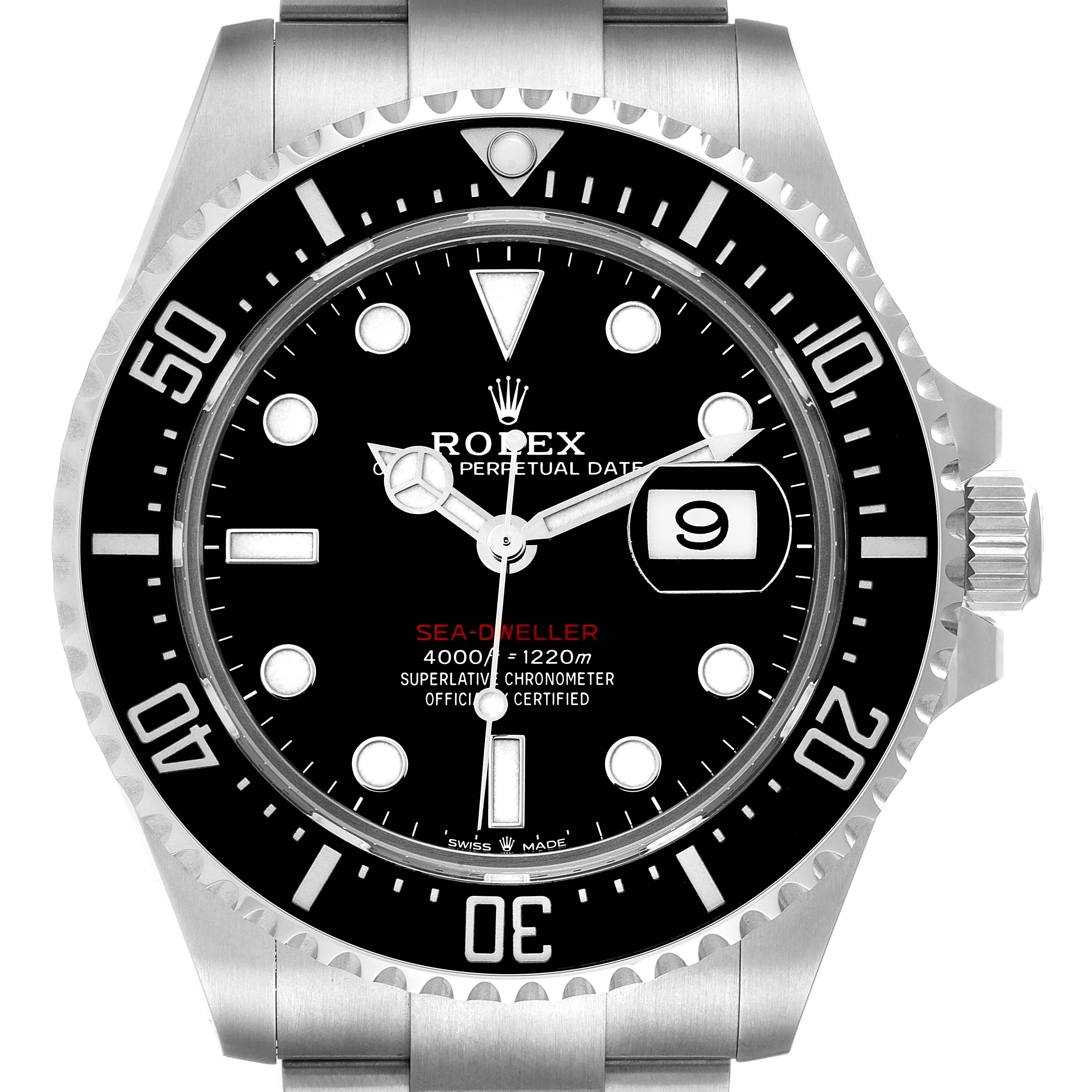 The image shows a front view of a Rolex Sea-Dweller 126600 Men
s Stainless Steel Black Dial 126600 Men
s Stainless Steel Black Dial watch, displaying the dial, bezel, and part of the bracelet.