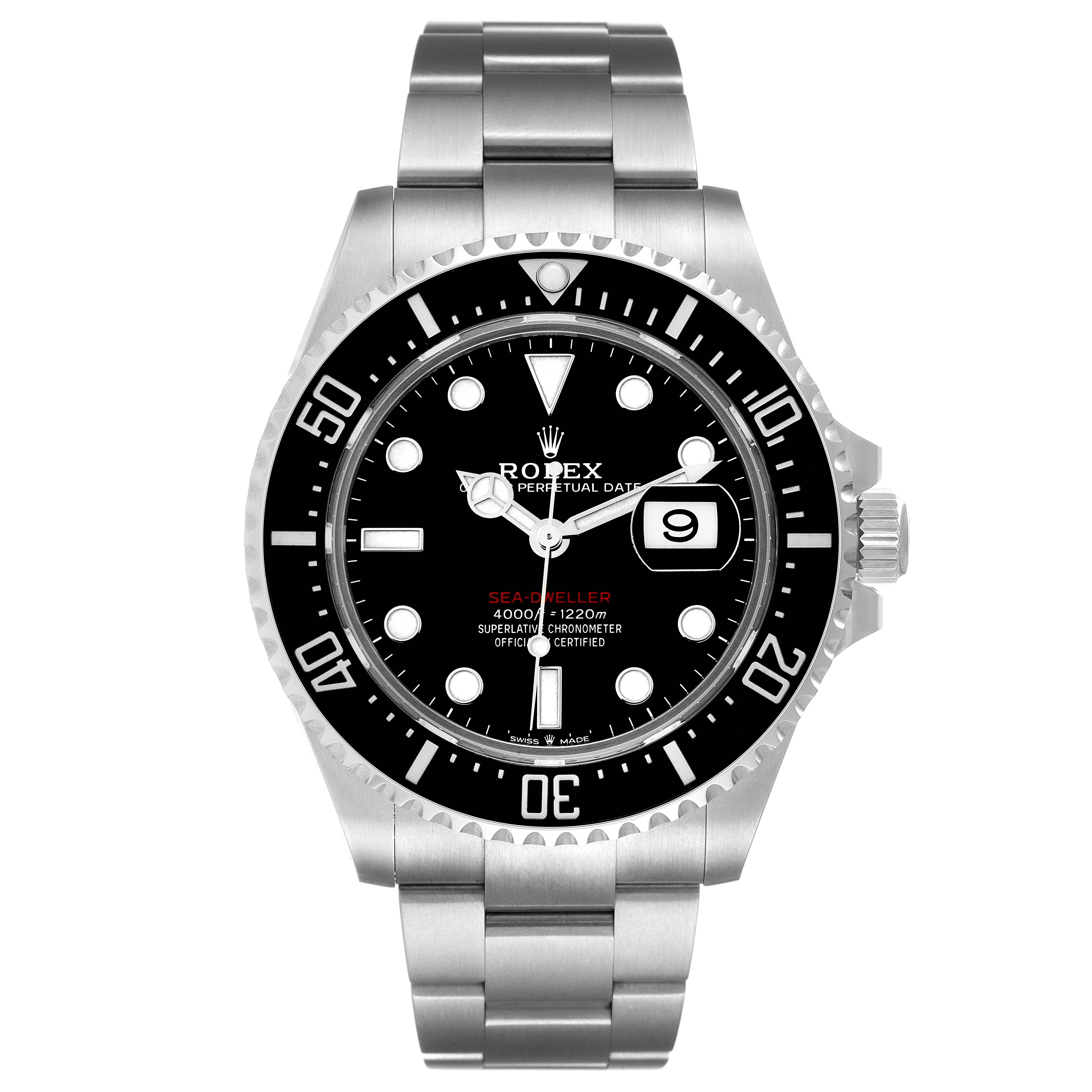The image shows a front view of a Rolex Sea-Dweller 126600 Men
s Stainless Steel Black Dial 126600 Men
s Stainless Steel Black Dial watch, displaying the face, bezel, bracelet, and crown.