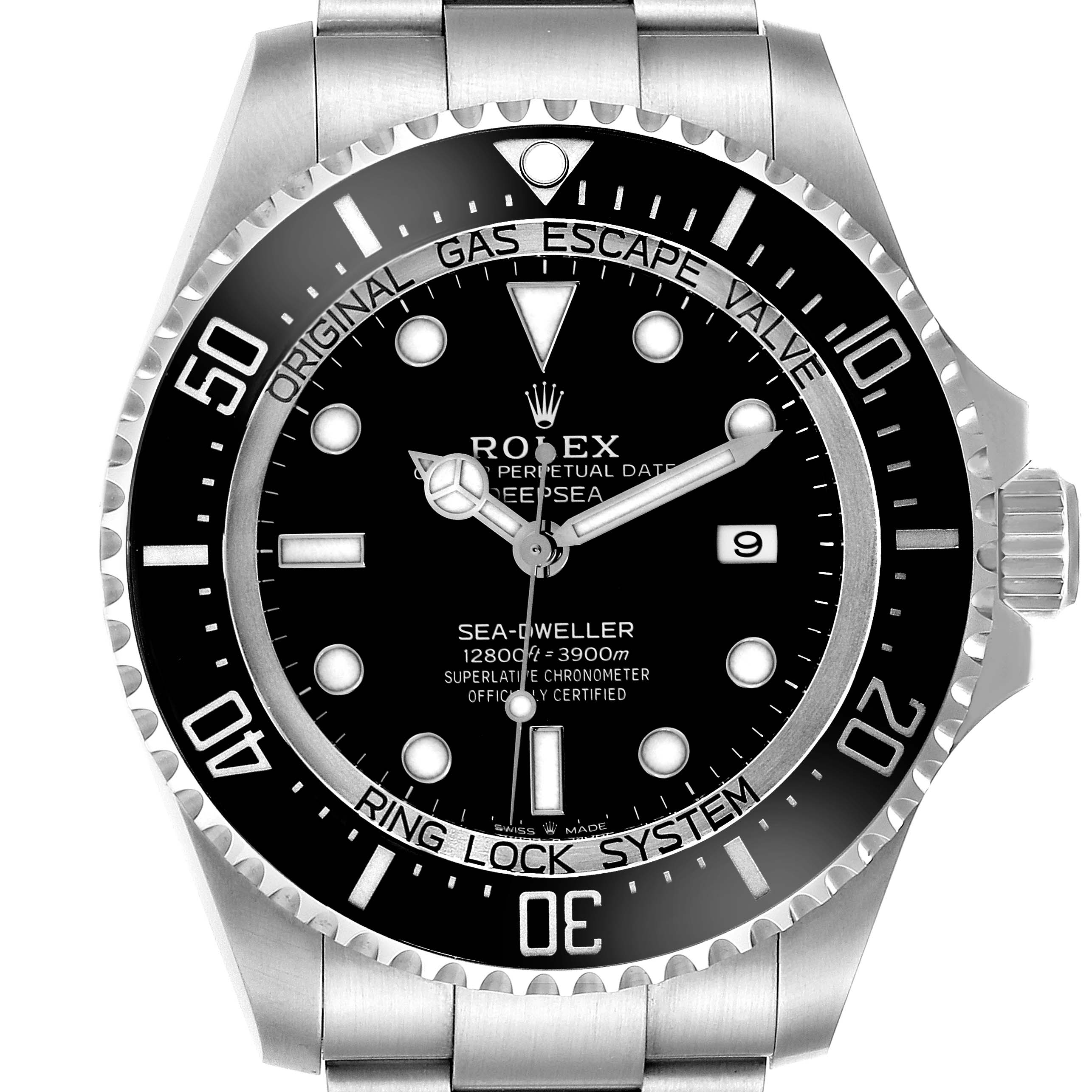 The Rolex Sea-Dweller 126660 Men's Stainless Steel Black Dial 126660 Men's Stainless Steel Black Dial watch is shown from the front, highlighting the black dial, bezel, and bracelet.